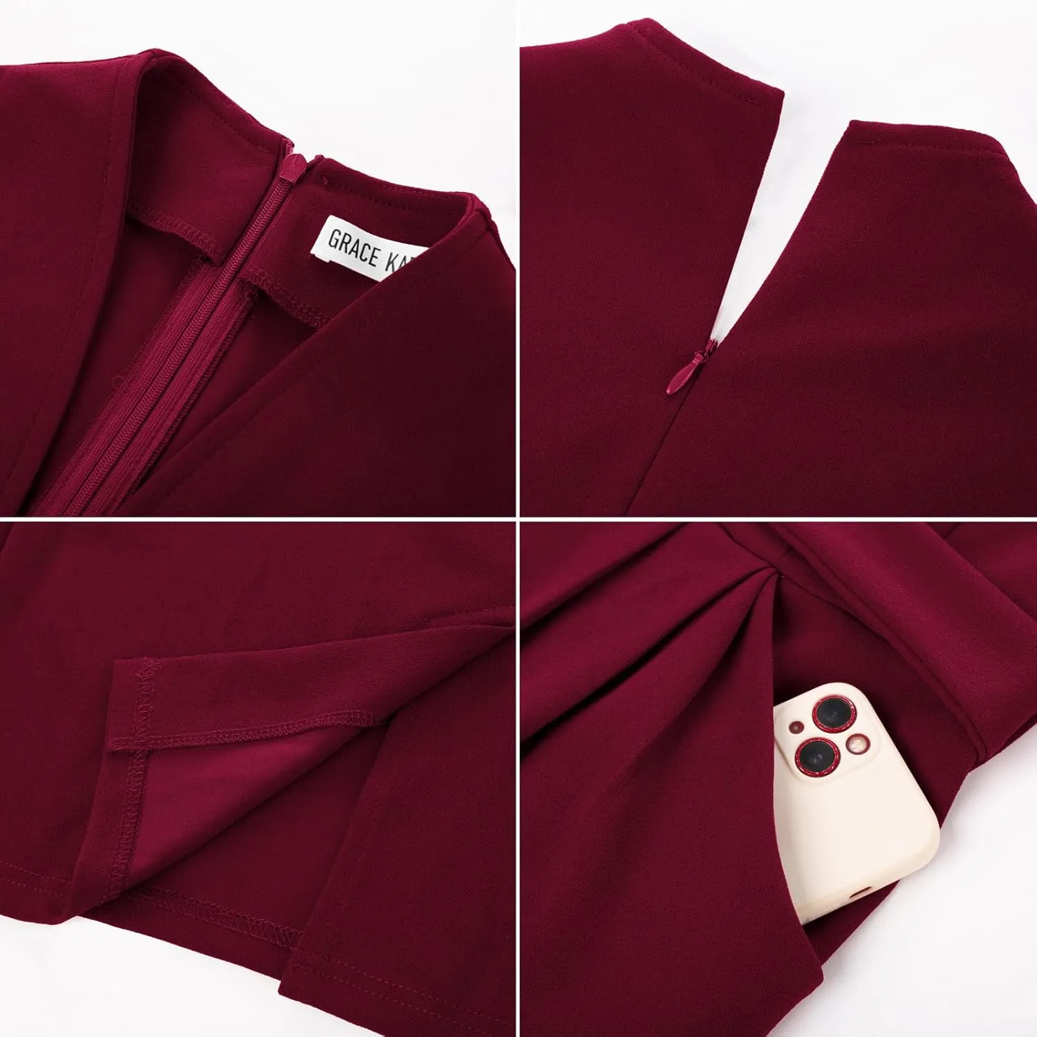 GRACE KARIN Womens Work Dresses V Neck 3/4 Sleeve Back Zipper Tie Waist Bodycon Dress Office Cocktail Dress with Pockets