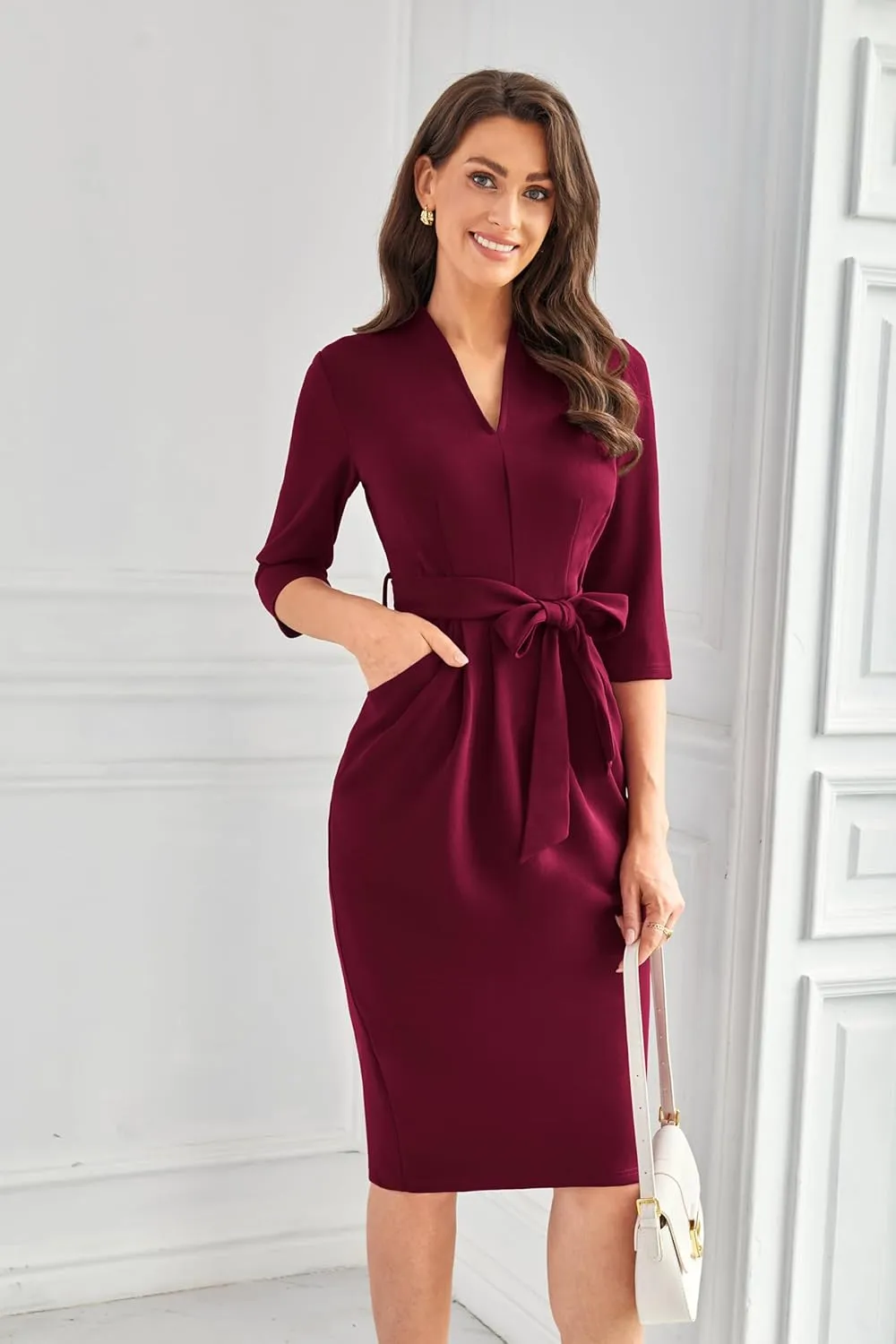 GRACE KARIN Womens Work Dresses V Neck 3/4 Sleeve Back Zipper Tie Waist Bodycon Dress Office Cocktail Dress with Pockets
