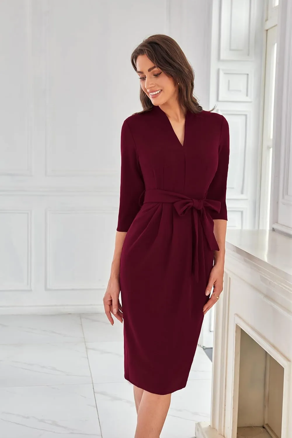 GRACE KARIN Womens Work Dresses V Neck 3/4 Sleeve Back Zipper Tie Waist Bodycon Dress Office Cocktail Dress with Pockets