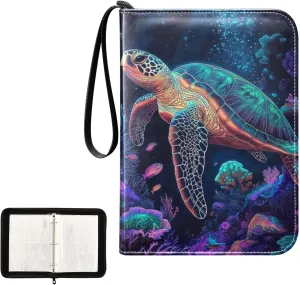 Green Sea Turtle Fish Ocean Card Binder 4 Pocket, Trading Card Holder Fits 400 Game Cards with 50 Removable Sleeves, MTG Card Case Standard Size