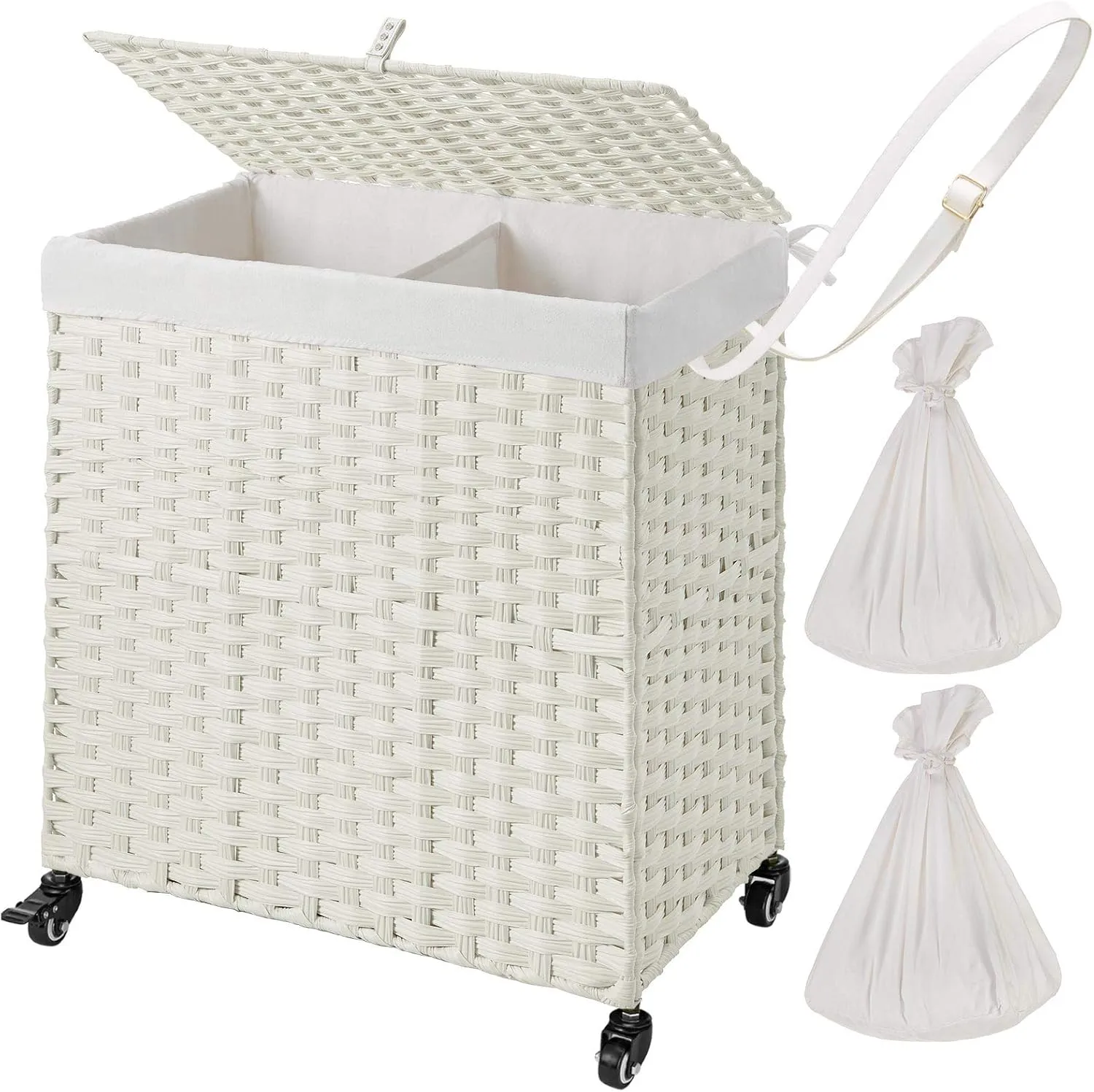 Greenstell Laundry Hamper with Wheels, No Install Needed, 110L Divided Handwoven Hampers & 2 Removable Liner Bags, Rattan Clothes Laundry Basket with Lid & Handles, Foldable Hampers White