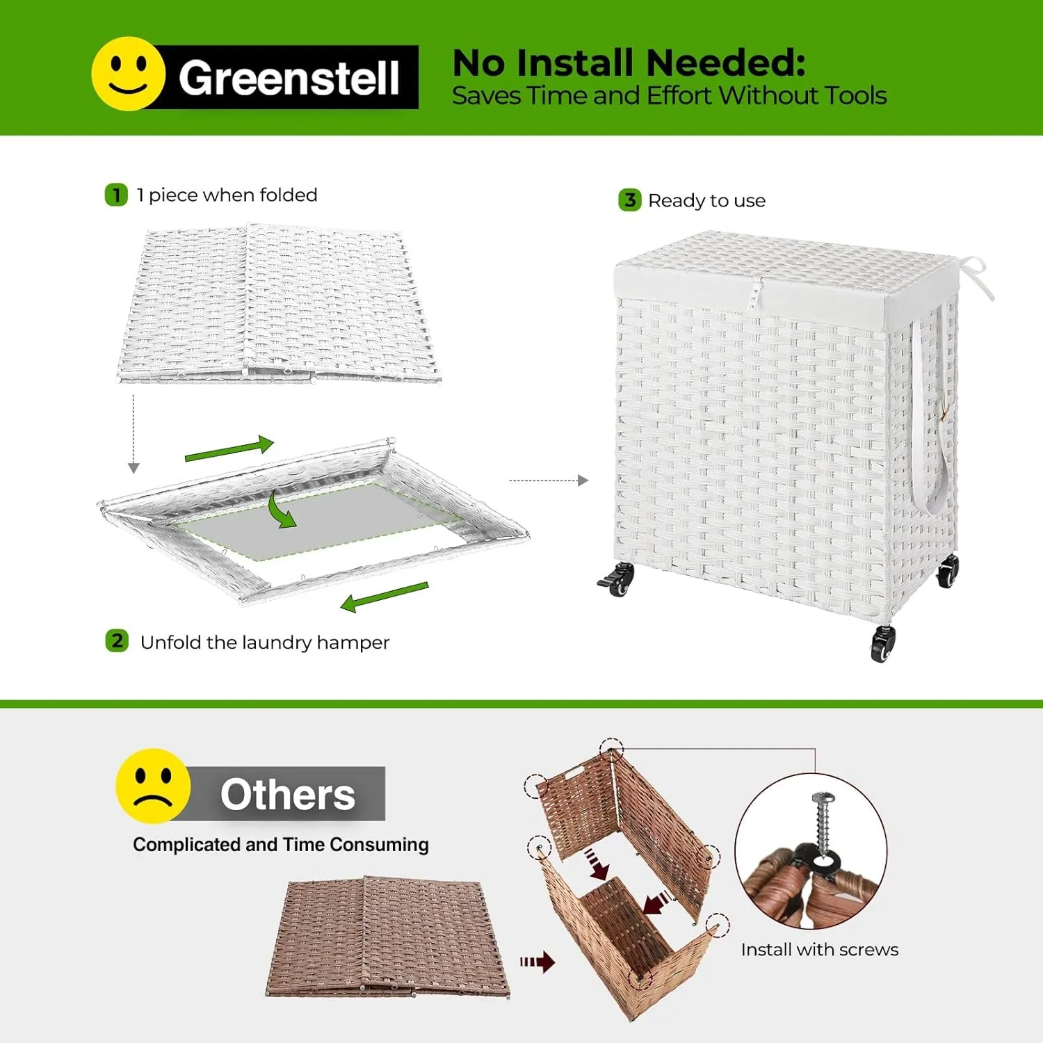 Greenstell Laundry Hamper with Wheels, No Install Needed, 110L Divided Handwoven Hampers & 2 Removable Liner Bags, Rattan Clothes Laundry Basket with Lid & Handles, Foldable Hampers White