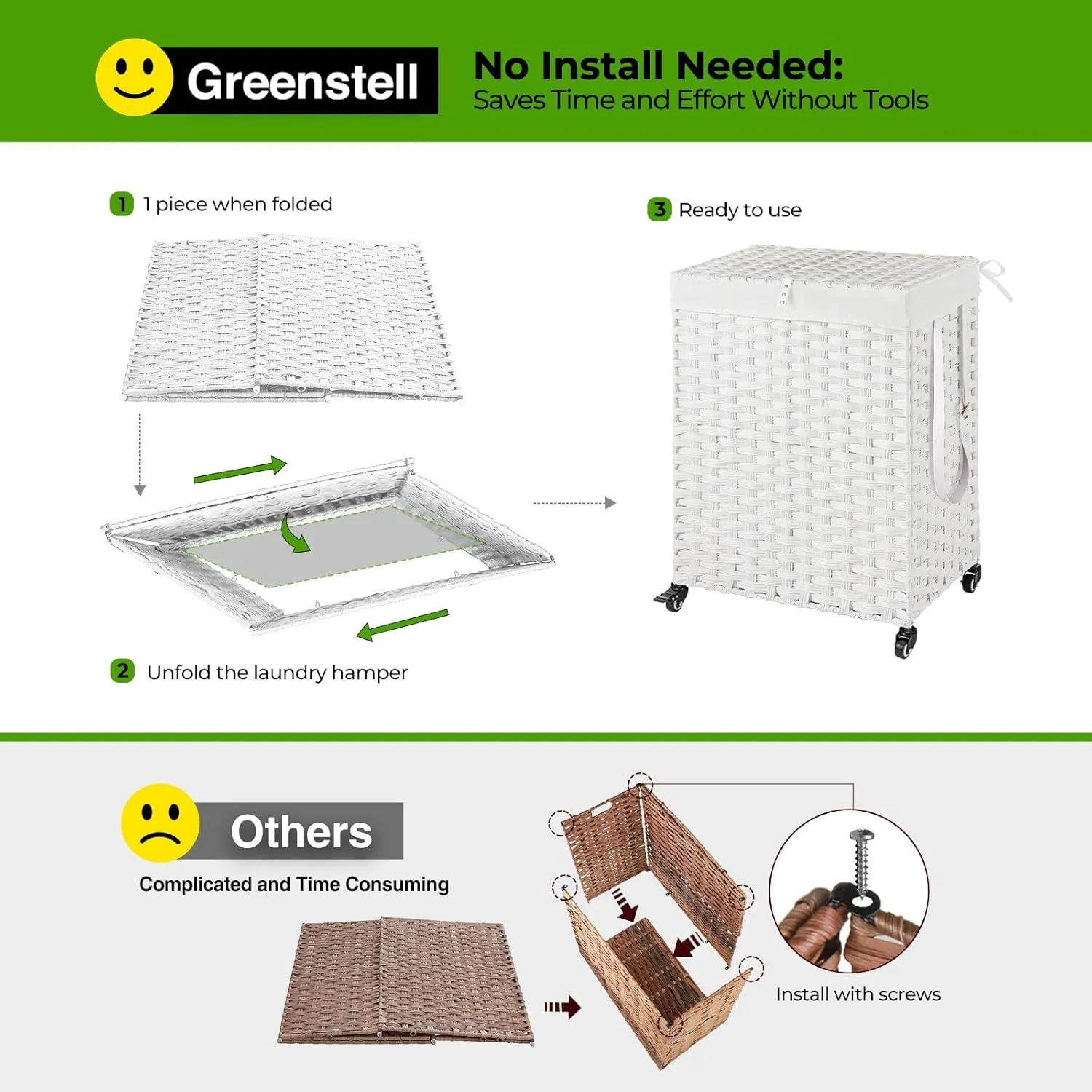 Greenstell Laundry Hamper with Wheels, No Install Needed, 90L Divided Handwoven Hampers & 2 Removable Liner Bags, Rattan Clothes Laundry Basket with Lid & Handles, Foldable Hampers White