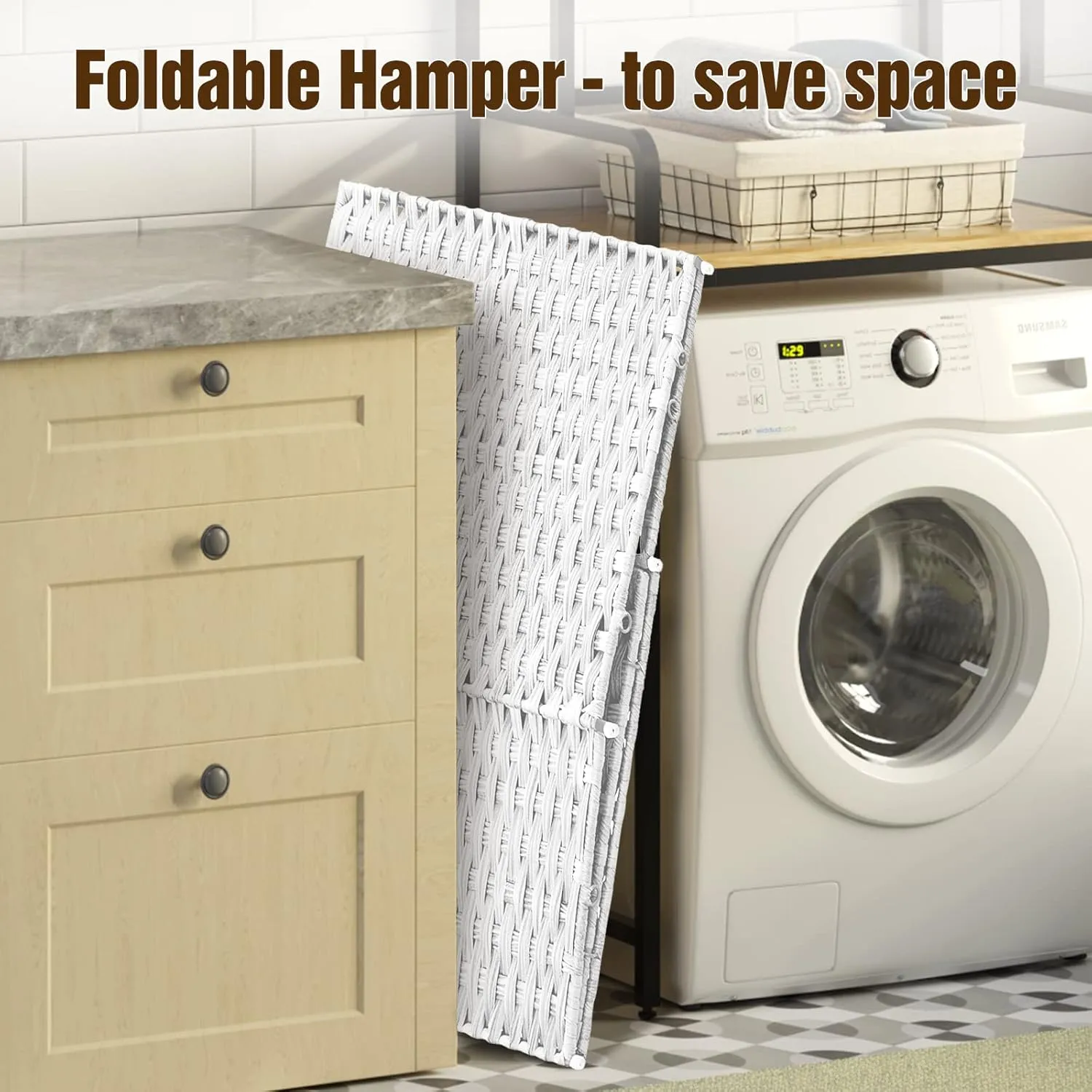 Greenstell Laundry Hamper with Wheels, No Install Needed, 90L Divided Handwoven Hampers & 2 Removable Liner Bags, Rattan Clothes Laundry Basket with Lid & Handles, Foldable Hampers White