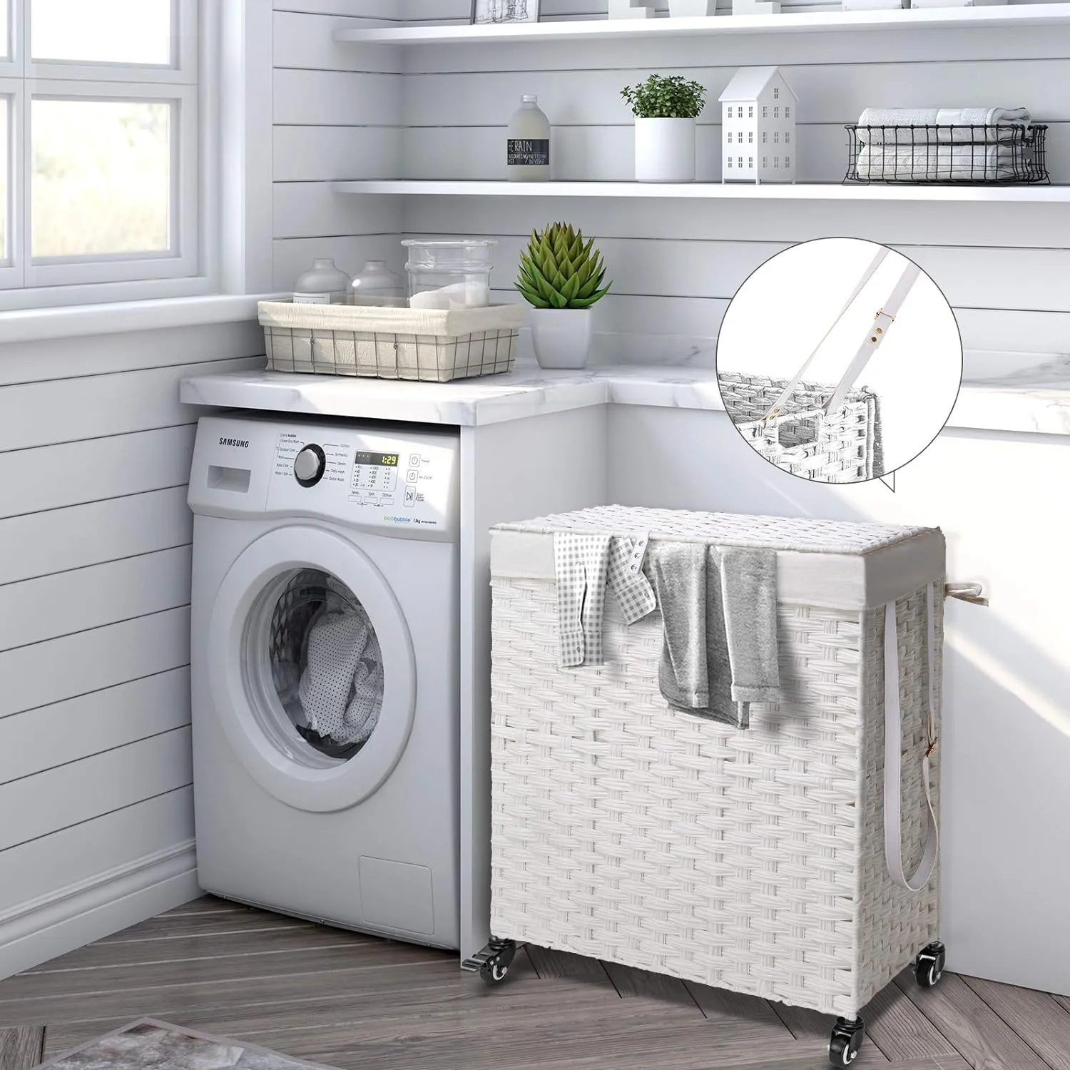 Greenstell Laundry Hamper with Wheels, No Install Needed, 90L Divided Handwoven Hampers & 2 Removable Liner Bags, Rattan Clothes Laundry Basket with Lid & Handles, Foldable Hampers White
