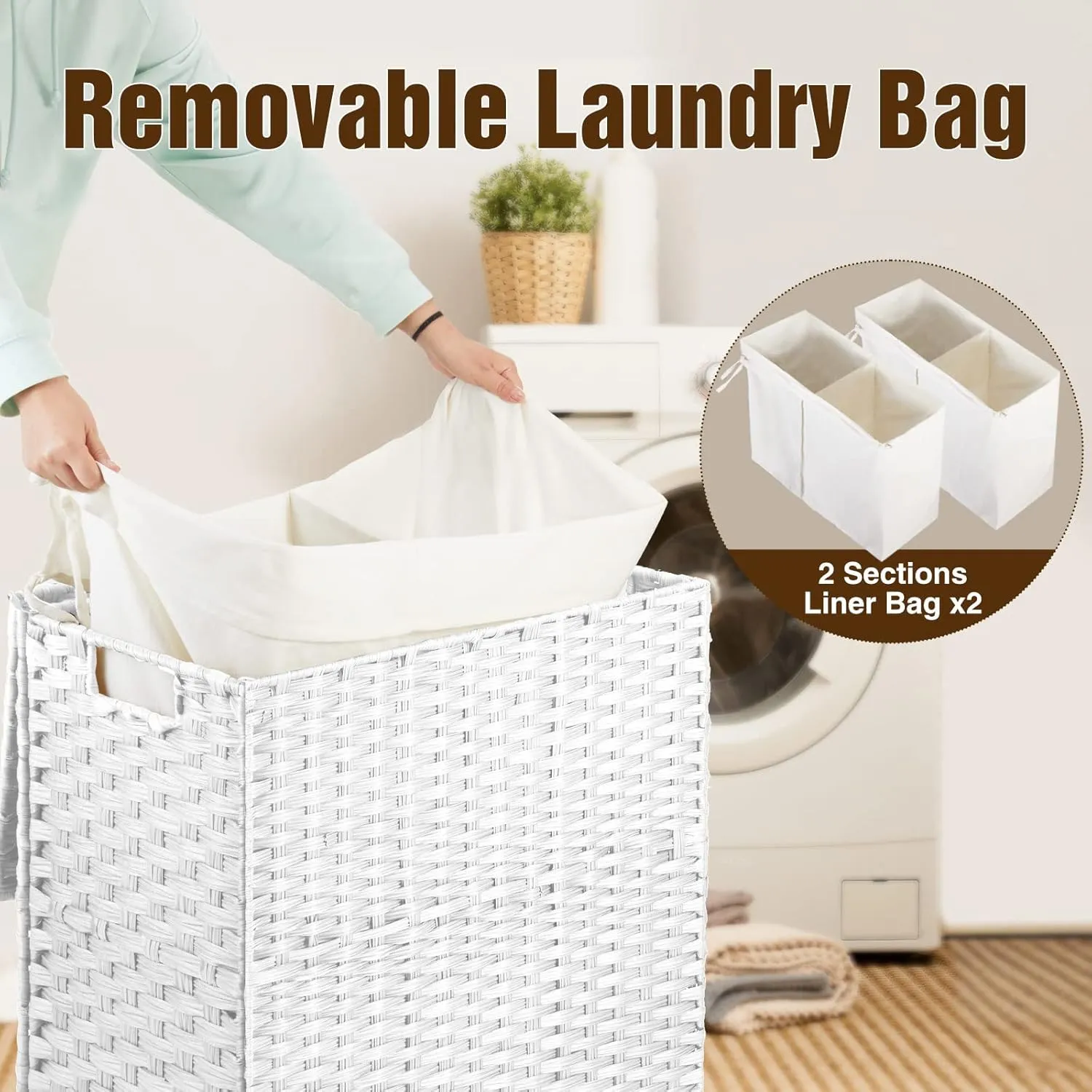 Greenstell Laundry Hamper with Wheels, No Install Needed, 90L Divided Handwoven Hampers & 2 Removable Liner Bags, Rattan Clothes Laundry Basket with Lid & Handles, Foldable Hampers White