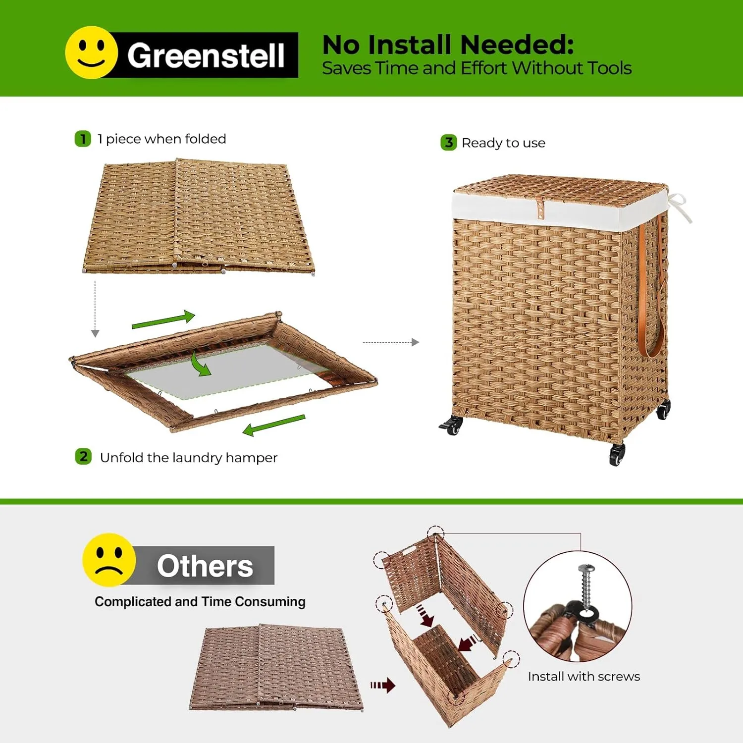 Greenstell Laundry Hamper with Wheels, No Install Needed, 90L Divided Handwoven Hampers & 2 Removable Liner Bags, Synthetic Rattan Clothes Laundry Basket with Lid & Handles, Foldable Hampers Natural
