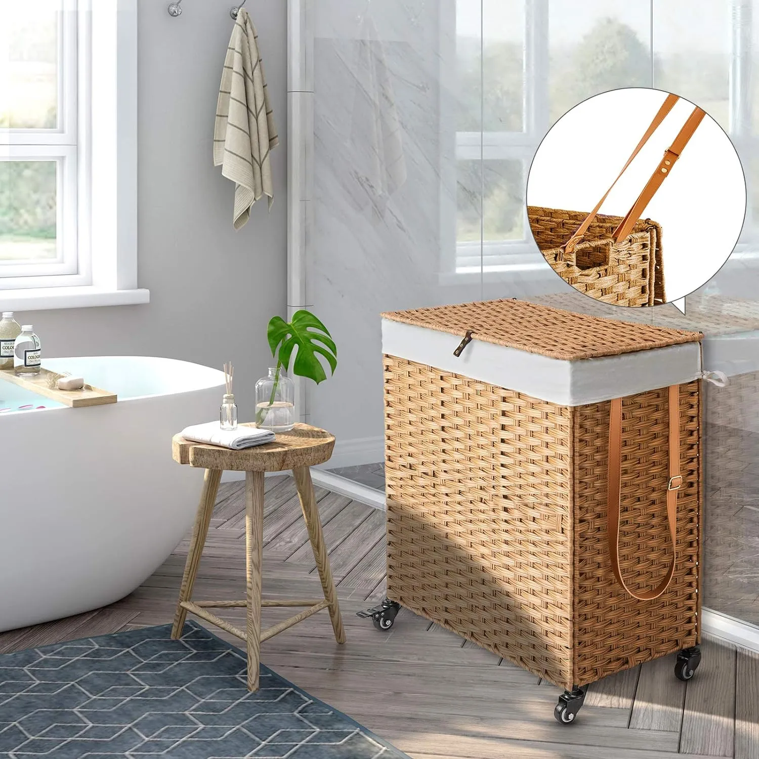 Greenstell Laundry Hamper with Wheels, No Install Needed, 90L Divided Handwoven Hampers & 2 Removable Liner Bags, Synthetic Rattan Clothes Laundry Basket with Lid & Handles, Foldable Hampers Natural