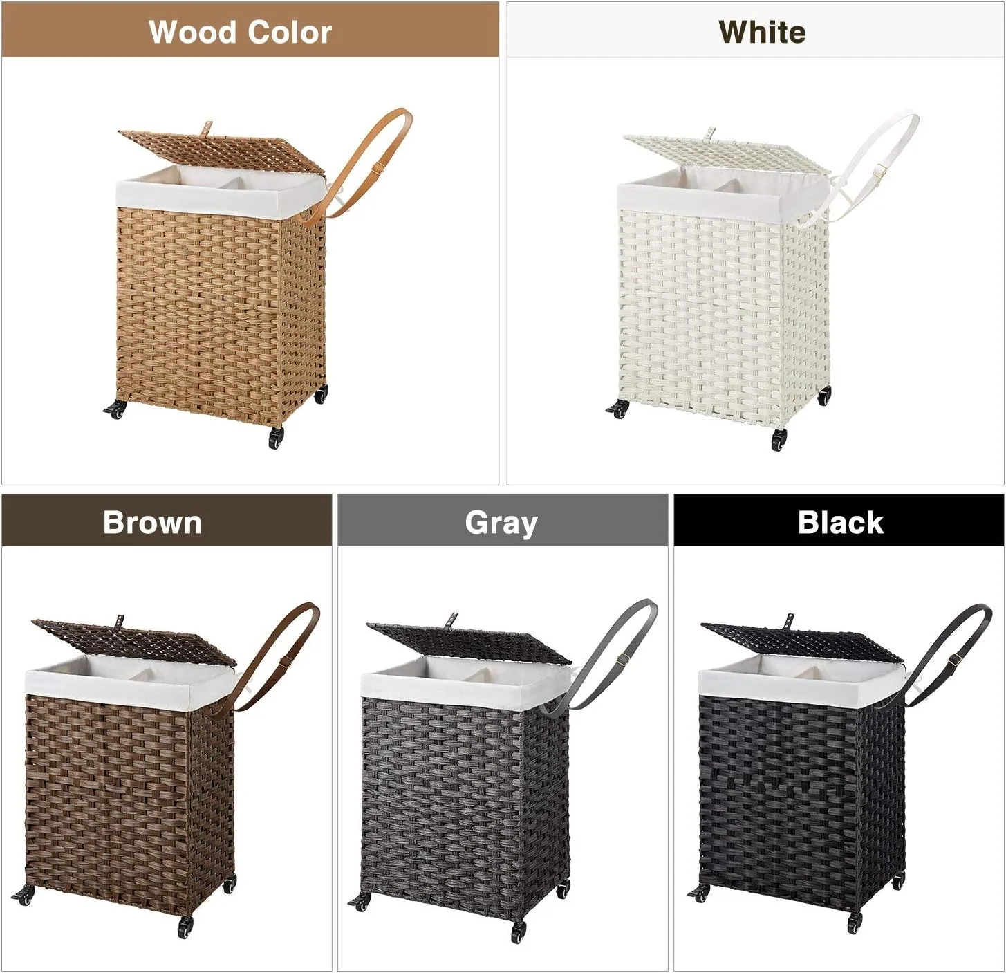 Greenstell Laundry Hamper with Wheels, No Install Needed, 90L Divided Handwoven Hampers & 2 Removable Liner Bags, Synthetic Rattan Clothes Laundry Basket with Lid & Handles, Foldable Hampers Natural