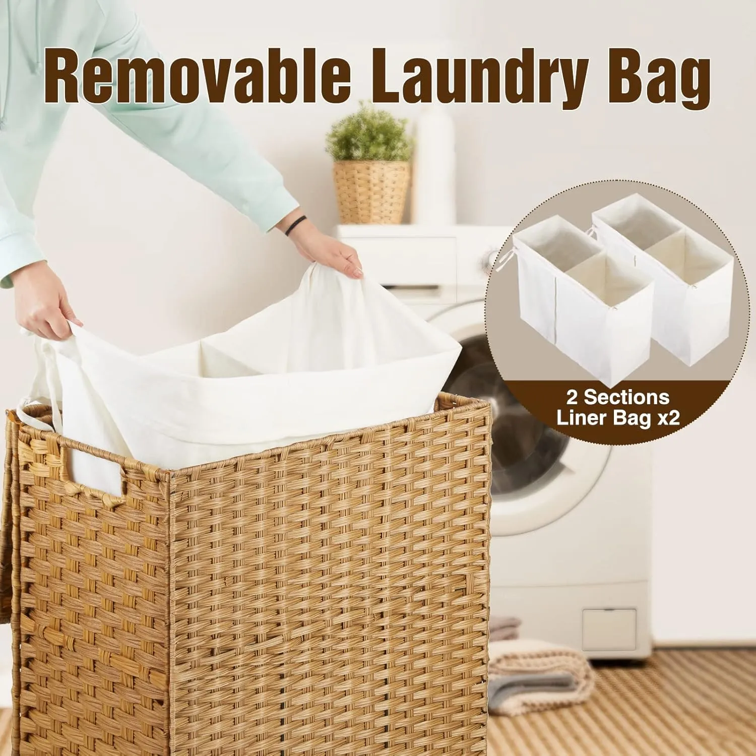 Greenstell Laundry Hamper with Wheels, No Install Needed, 90L Divided Handwoven Hampers & 2 Removable Liner Bags, Synthetic Rattan Clothes Laundry Basket with Lid & Handles, Foldable Hampers Natural