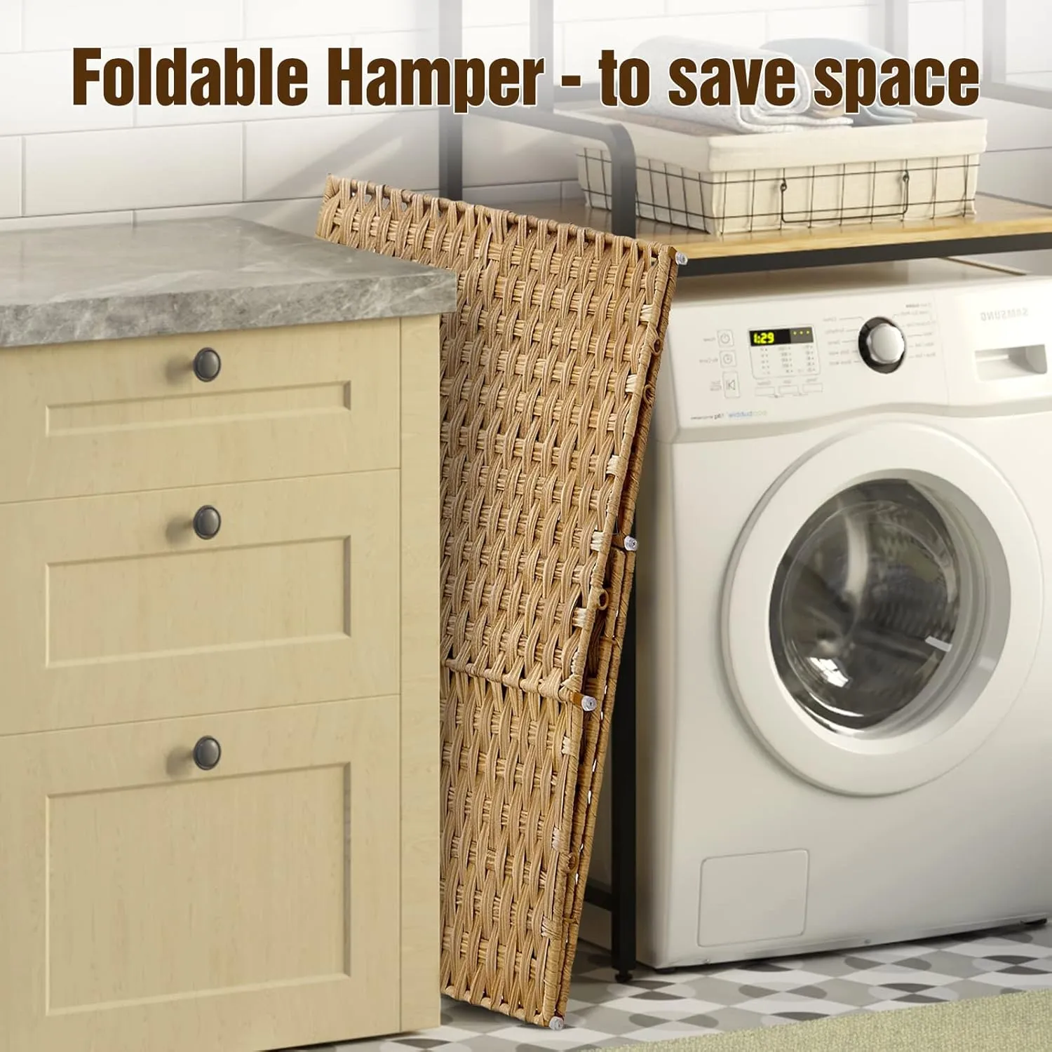Greenstell Laundry Hamper with Wheels, No Install Needed, 90L Divided Handwoven Hampers & 2 Removable Liner Bags, Synthetic Rattan Clothes Laundry Basket with Lid & Handles, Foldable Hampers Natural
