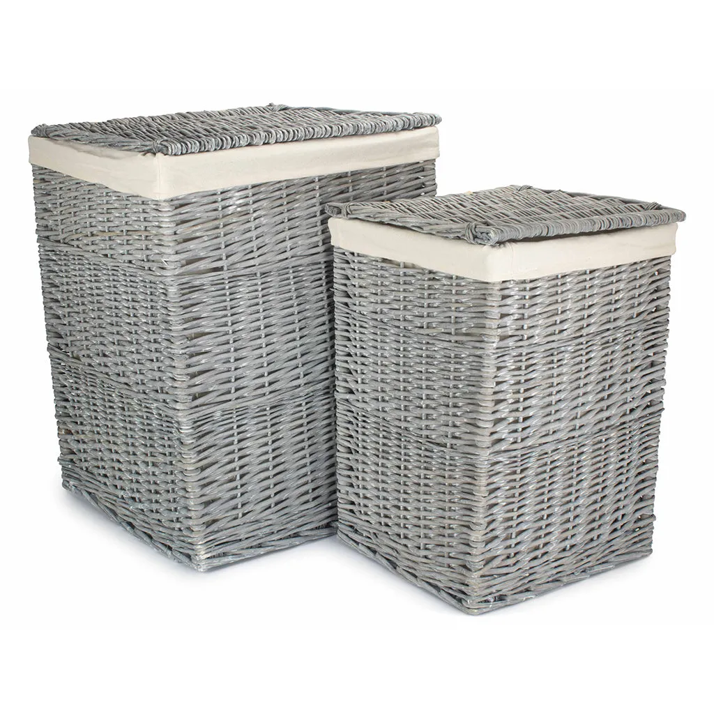 Grey Wash Willow Square Laundry Basket with White Lining Set of 2