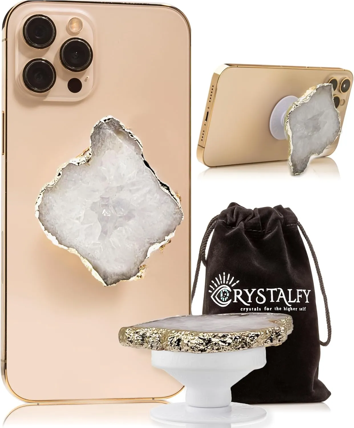 Grips by CRYSTALFY Clear Quartz Druzy Raw with Openings Crystal Phone Grip Holder & Expanding Kickstand - Natural Gemstone Swappable Top Accessory for iPhone, iPad, Kindle & Mobile Devices