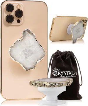 Grips by CRYSTALFY Clear Quartz Druzy Raw with Openings Crystal Phone Grip Holder & Expanding Kickstand - Natural Gemstone Swappable Top Accessory for iPhone, iPad, Kindle & Mobile Devices
