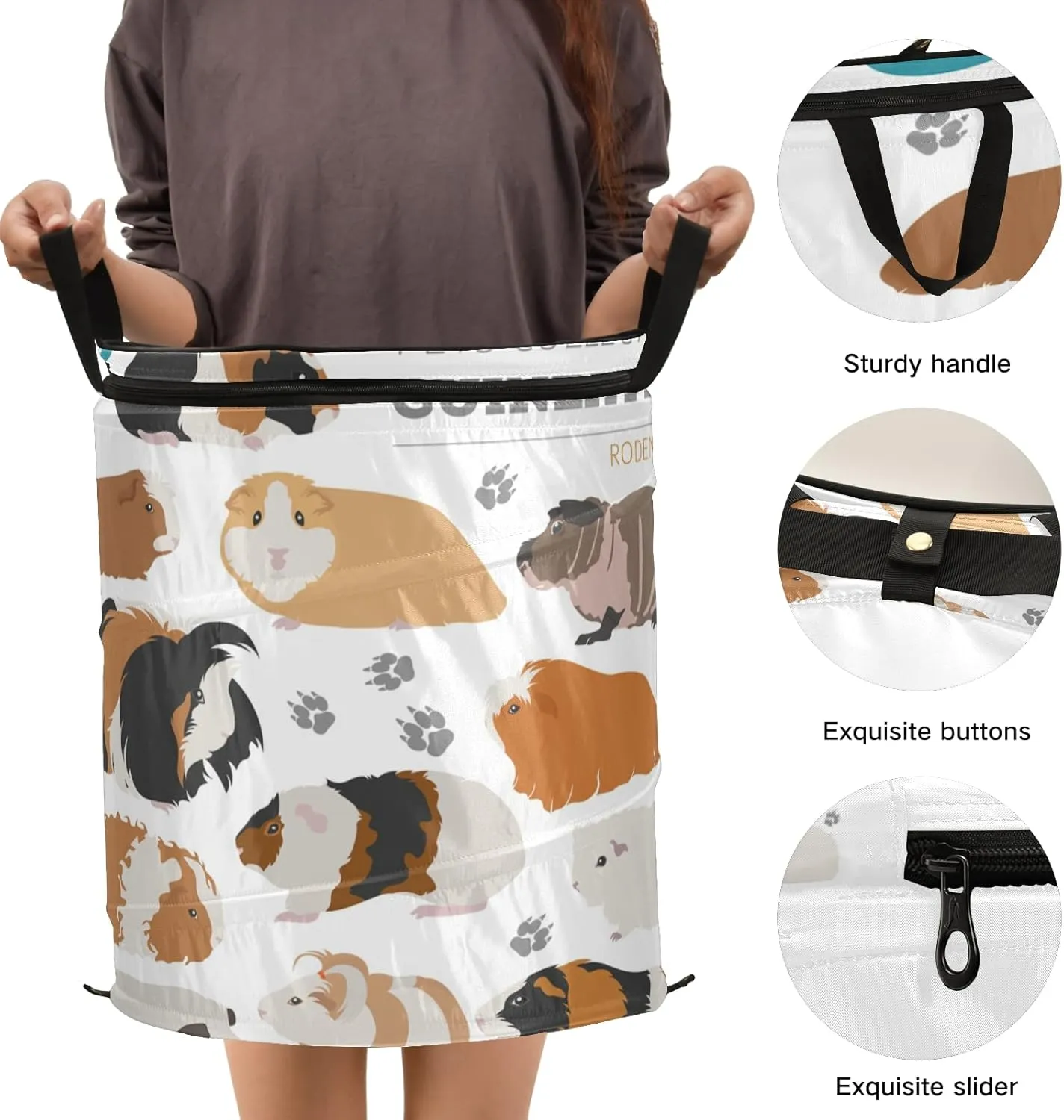 Guinea Pig Breeds Pet Rodents Isolated on White Pop Up Laundry Hamper, Collapsible Dirty Clothes Basket with Zipper Lid, Storage Bag Washing Bin for Room College Dorm Travel
