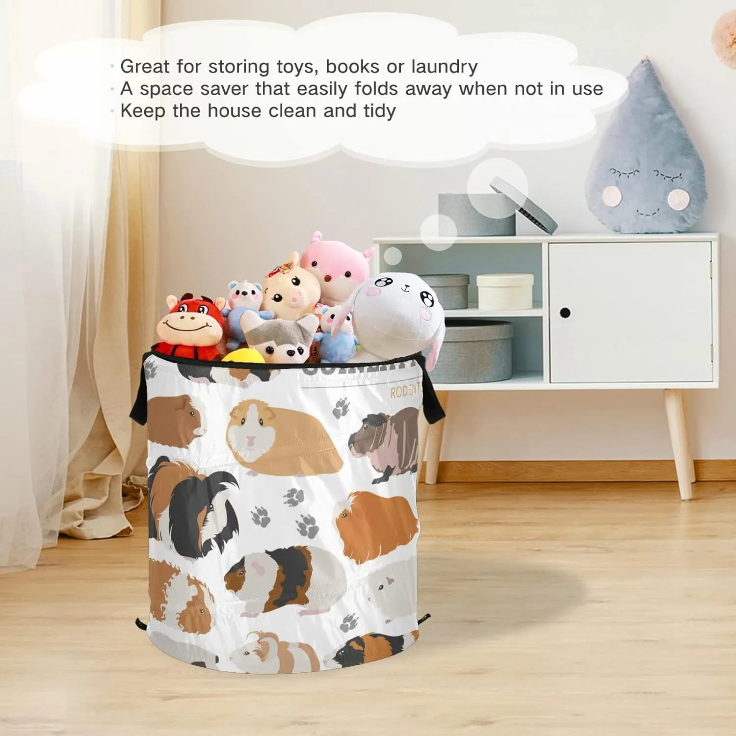 Guinea Pig Breeds Pet Rodents Isolated on White Pop Up Laundry Hamper, Collapsible Dirty Clothes Basket with Zipper Lid, Storage Bag Washing Bin for Room College Dorm Travel