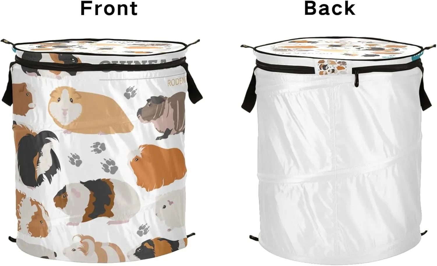 Guinea Pig Breeds Pet Rodents Isolated on White Pop Up Laundry Hamper, Collapsible Dirty Clothes Basket with Zipper Lid, Storage Bag Washing Bin for Room College Dorm Travel