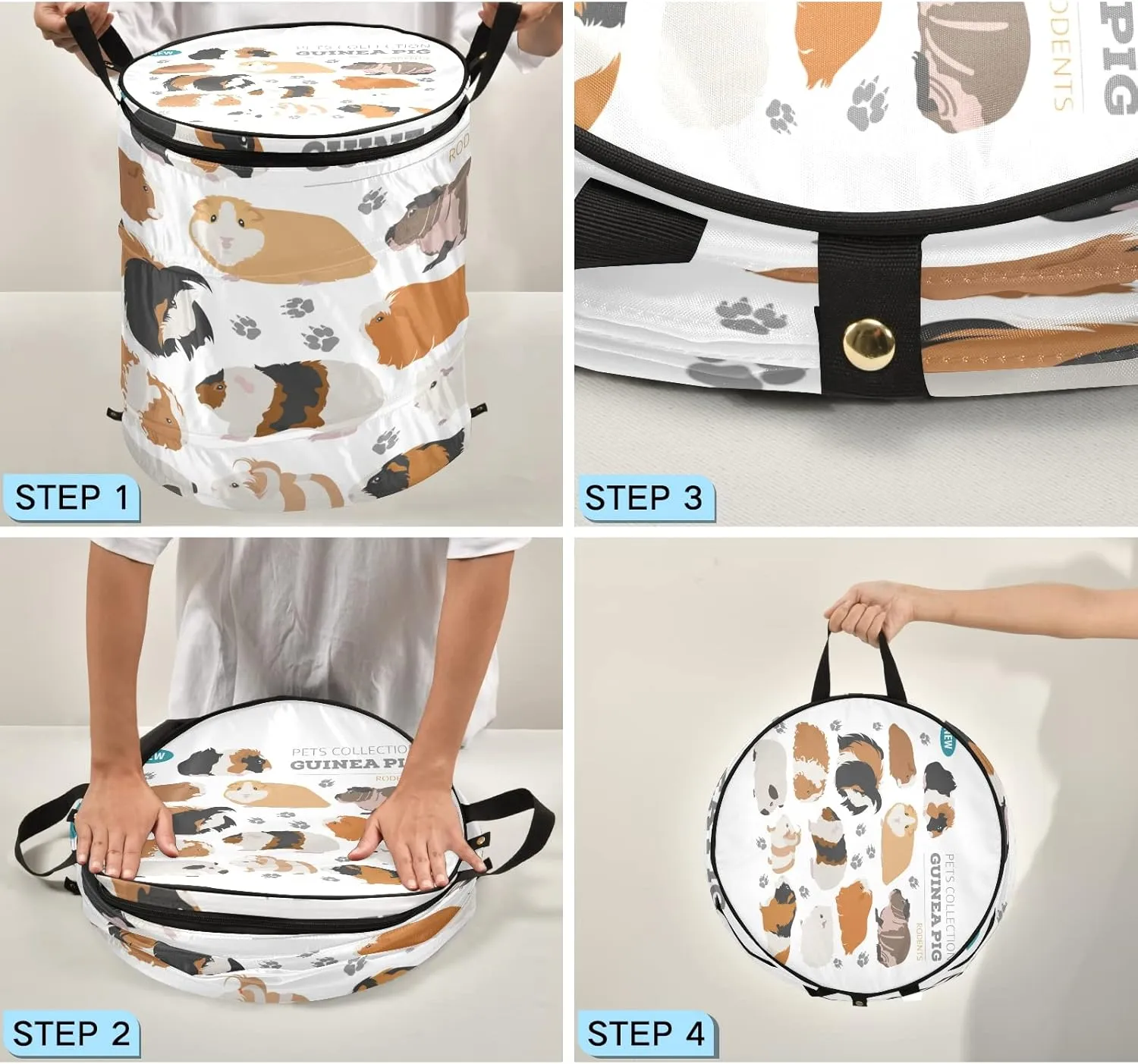 Guinea Pig Breeds Pet Rodents Isolated on White Pop Up Laundry Hamper, Collapsible Dirty Clothes Basket with Zipper Lid, Storage Bag Washing Bin for Room College Dorm Travel