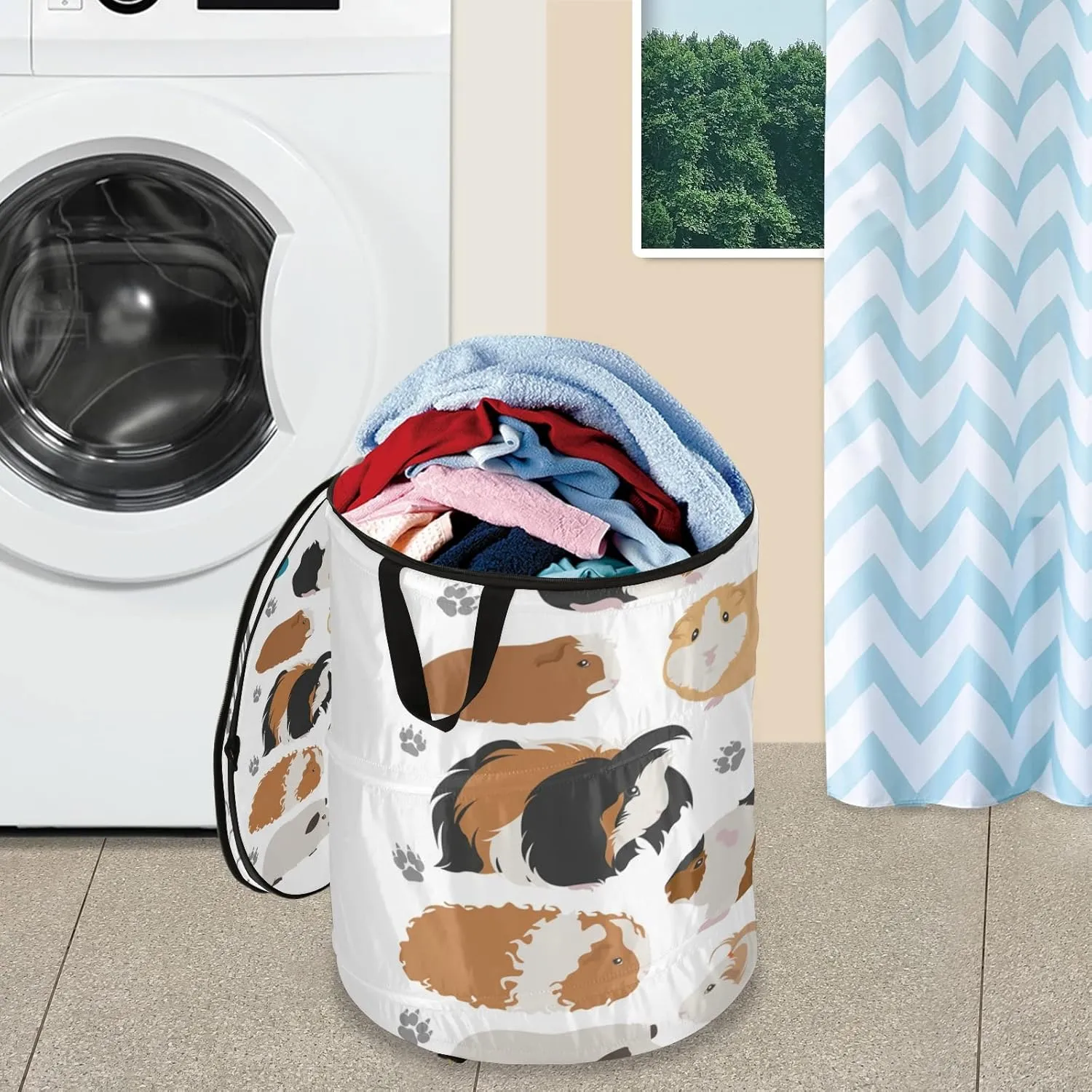 Guinea Pig Breeds Pet Rodents Isolated on White Pop Up Laundry Hamper, Collapsible Dirty Clothes Basket with Zipper Lid, Storage Bag Washing Bin for Room College Dorm Travel