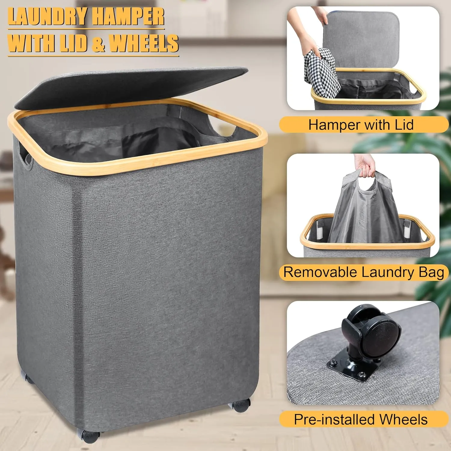 Guofa Laundry Basket with Wheels, Laundry Hamper with Lid 73L, Portable Clothes Hamper with Bag Removable - Rolling Laundry Basket for Home Storage, Apartments