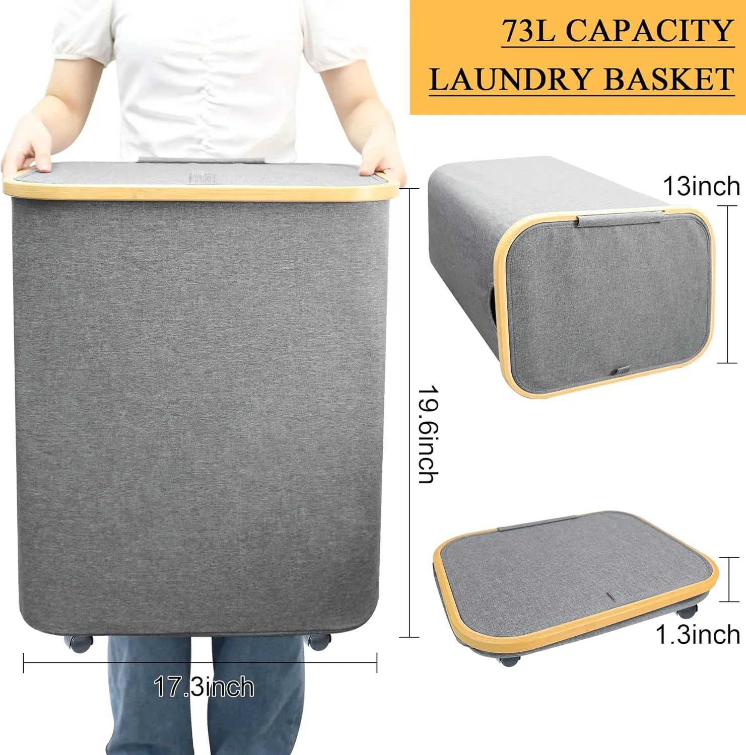 Guofa Laundry Basket with Wheels, Laundry Hamper with Lid 73L, Portable Clothes Hamper with Bag Removable - Rolling Laundry Basket for Home Storage, Apartments