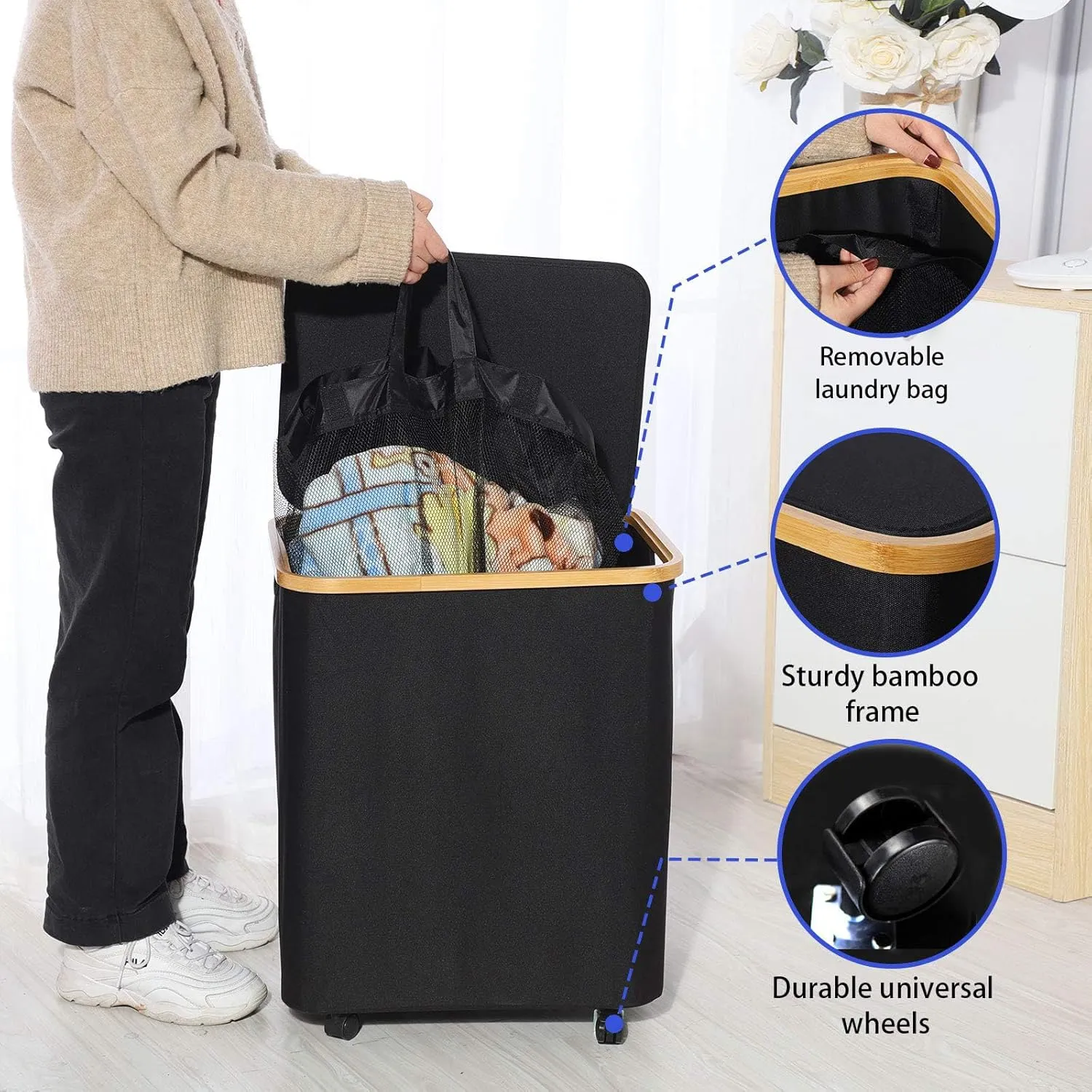 Guofa Laundry Basket with Wheels Lid - 73L Rolling Laundry Hamper with Removable Laundry Bag, Large Collapsible Clothes Hampers Organizer or Bedroom, Laundry Room, Toys Storage Baskets