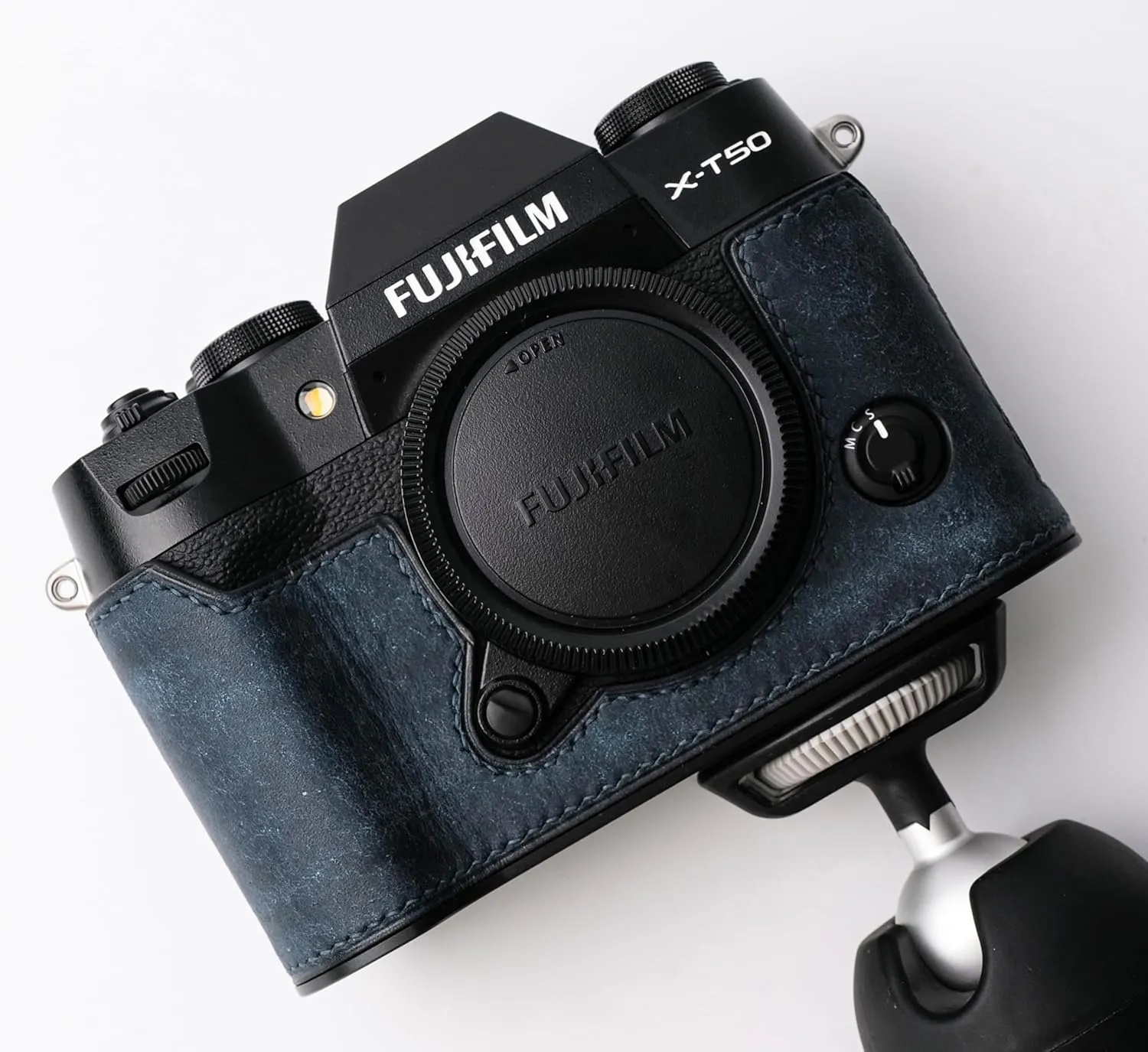 handmade Genuine Leather Camera Half Case for Fujifilm X-T50 - Top Layer Cowhide Body   Metal Base Plate - Hand Shank Free Design (Dark Blue)