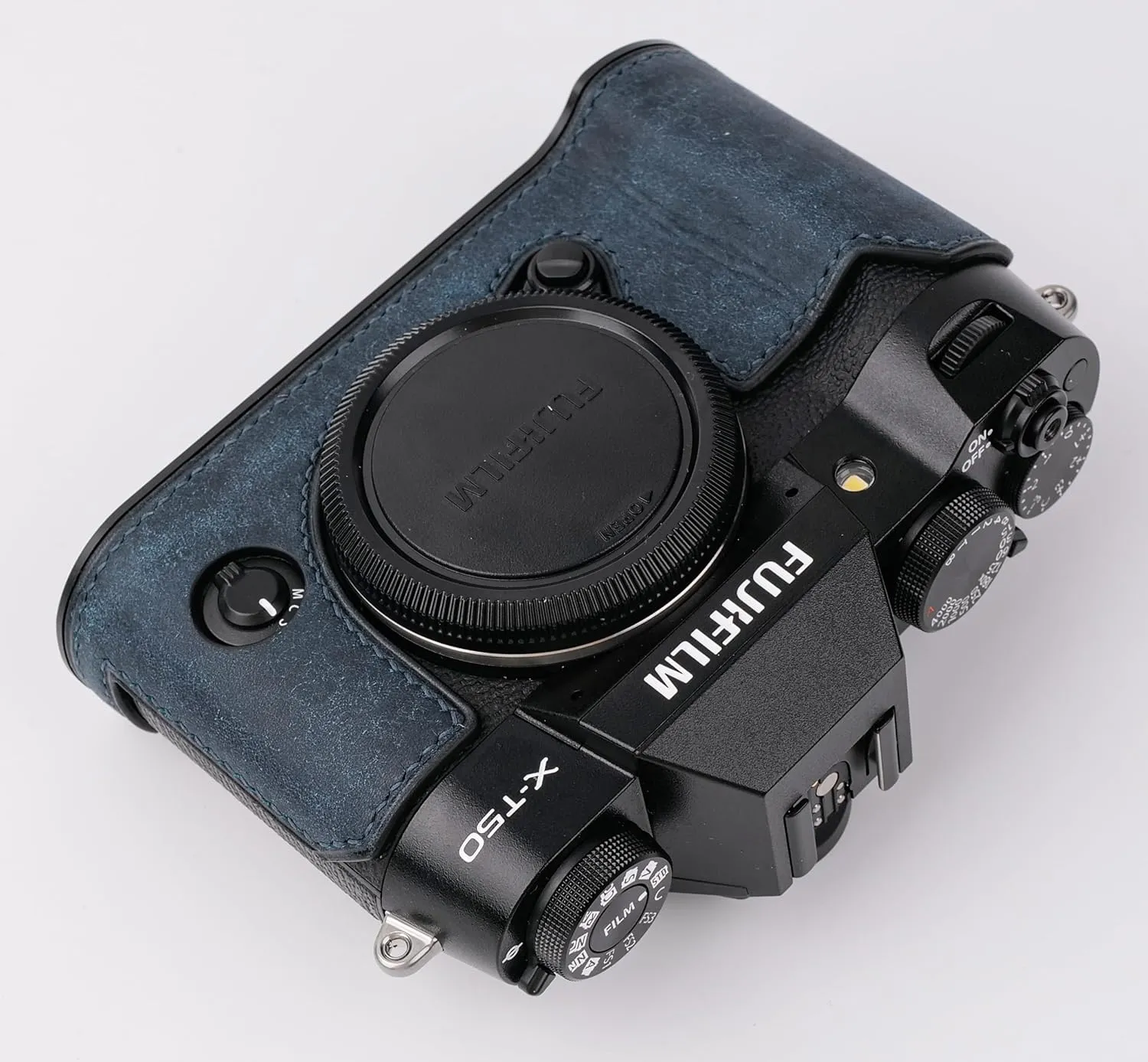 handmade Genuine Leather Camera Half Case for Fujifilm X-T50 - Top Layer Cowhide Body   Metal Base Plate - Hand Shank Free Design (Dark Blue)