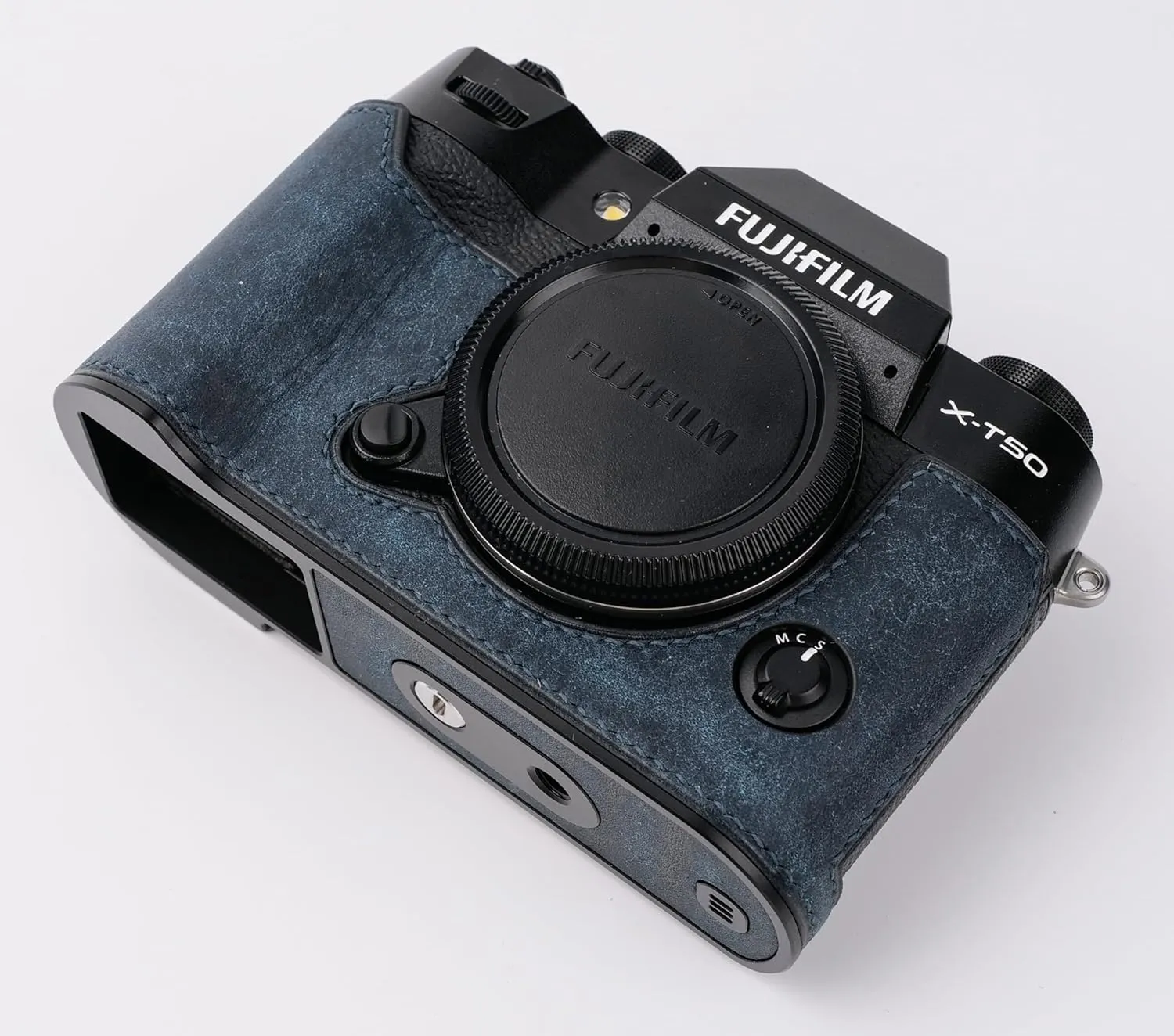 handmade Genuine Leather Camera Half Case for Fujifilm X-T50 - Top Layer Cowhide Body   Metal Base Plate - Hand Shank Free Design (Dark Blue)