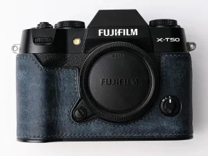 handmade Genuine Leather Camera Half Case for Fujifilm X-T50 - Top Layer Cowhide Body   Metal Base Plate - Hand Shank Free Design (Dark Blue)
