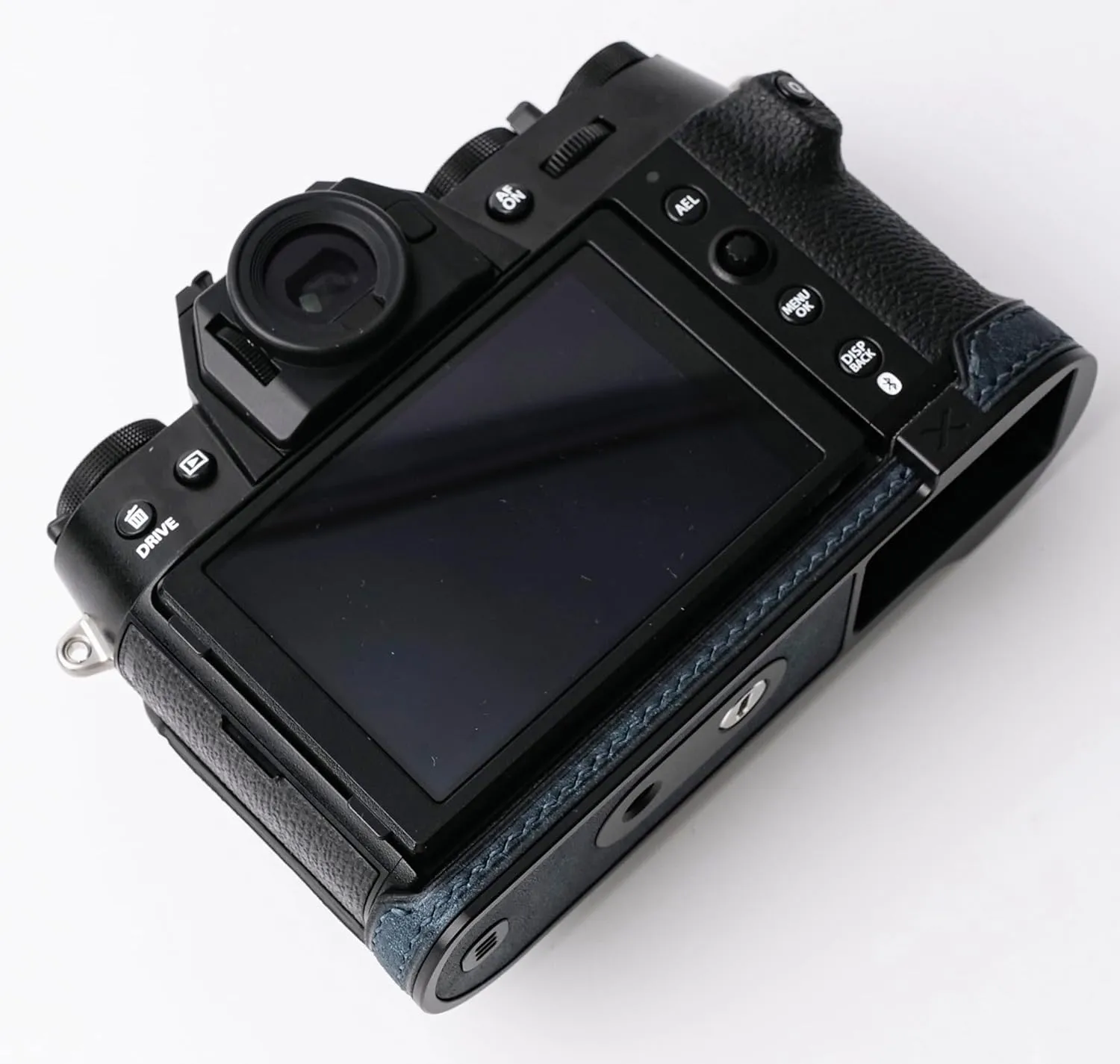 handmade Genuine Leather Camera Half Case for Fujifilm X-T50 - Top Layer Cowhide Body   Metal Base Plate - Hand Shank Free Design (Dark Blue)