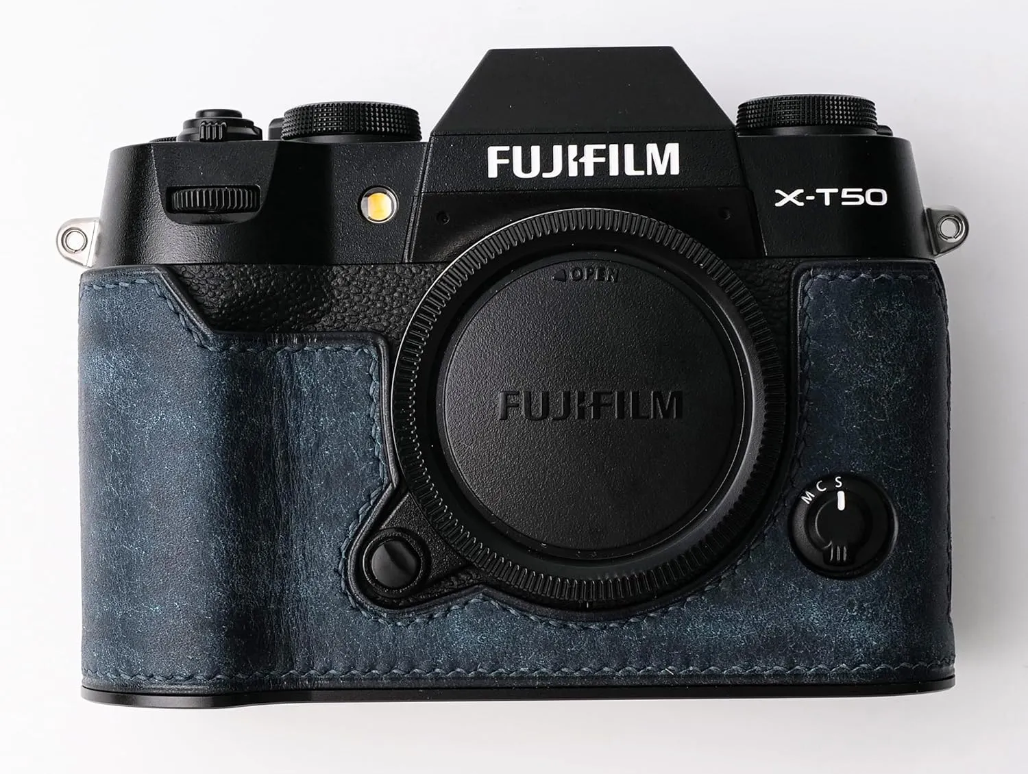 handmade Genuine Leather Camera Half Case for Fujifilm X-T50 - Top Layer Cowhide Body   Metal Base Plate - Hand Shank Free Design (Dark Blue)
