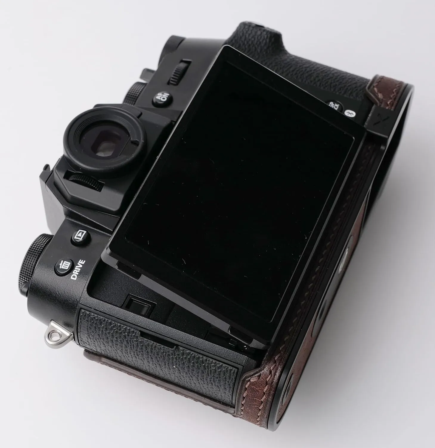Handmade Genuine Leather Camera Half Case for Fujifilm X-T50 - Top Layer Cowhide Body   Metal Base Plate - Hand Shank Free Design (Dark Brown)