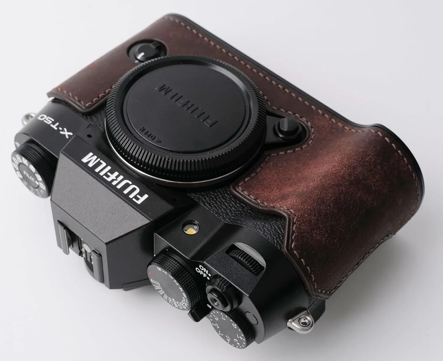Handmade Genuine Leather Camera Half Case for Fujifilm X-T50 - Top Layer Cowhide Body   Metal Base Plate - Hand Shank Free Design (Dark Brown)