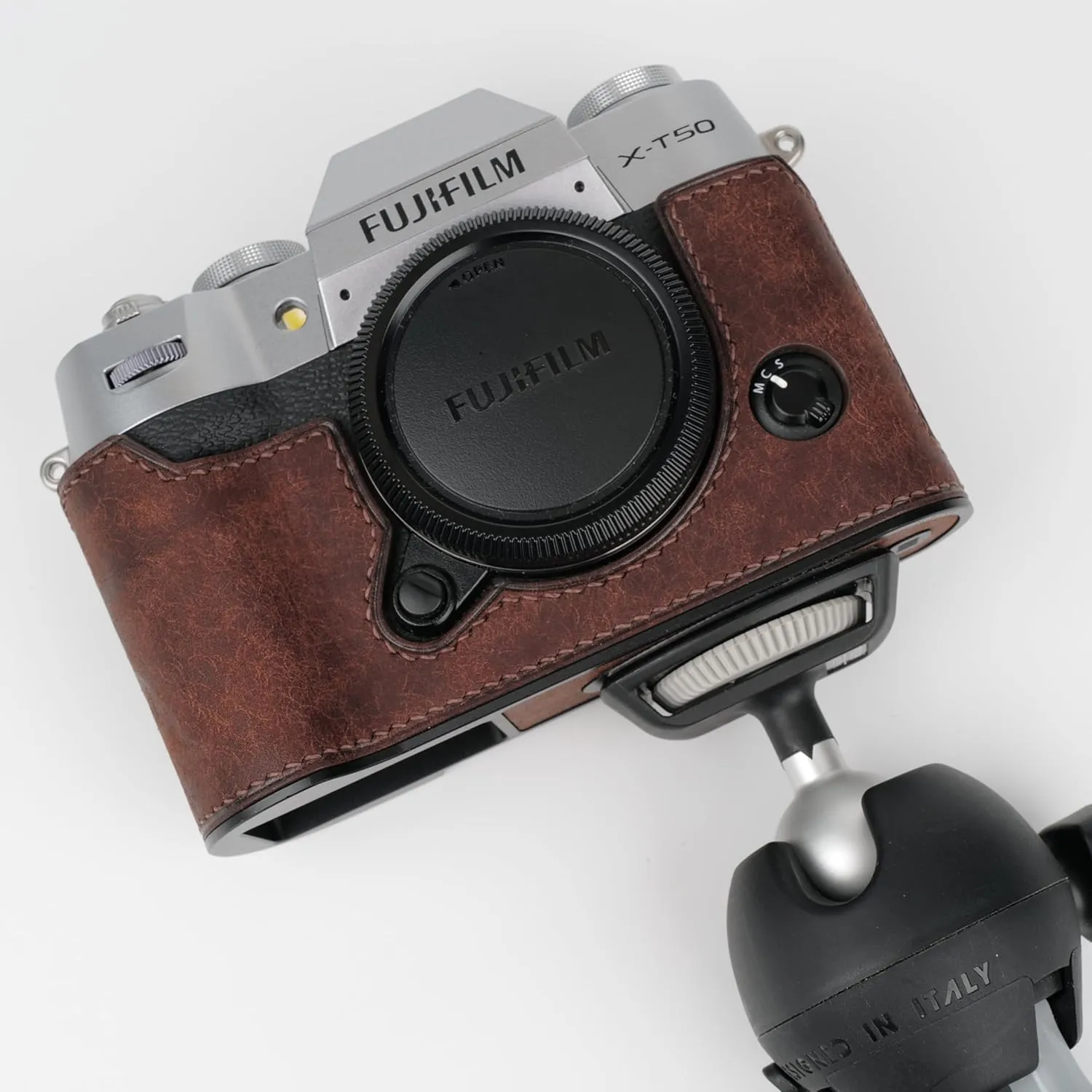 Handmade Genuine Leather Camera Half Case for Fujifilm X-T50 - Top Layer Cowhide Body   Metal Base Plate - Hand Shank Free Design (Dark Brown)