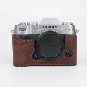 Handmade Genuine Leather Camera Half Case for Fujifilm X-T50 - Top Layer Cowhide Body   Metal Base Plate - Hand Shank Free Design (Dark Brown)