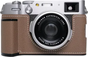 Handmade Genuine Leather Camera Half Case for Fujifilm X100VI/Fujifilm X100VI Case - Top Layer Cowhide Body hand sewn saddle stitch Metal Base Plate Hand Shank (Etoupe Gray)