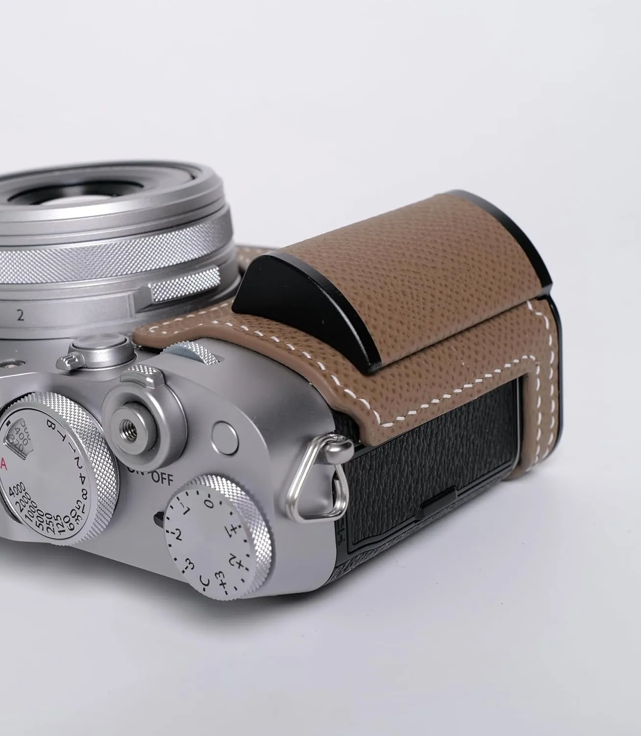 Handmade Genuine Leather Camera Half Case for Fujifilm X100VI/Fujifilm X100VI Case - Top Layer Cowhide Body hand sewn saddle stitch Metal Base Plate Hand Shank (Etoupe Gray)