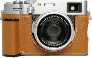 Handmade Genuine Leather Camera Half Case for Fujifilm X100VI/Fujifilm X100VI Case - Top Layer Cowhide Body hand sewn saddle stitch Metal Base Plate Hand Shank (Golden)