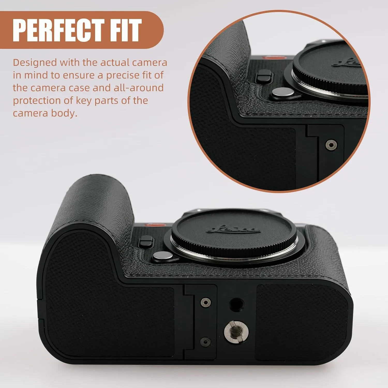Handmade Genuine Leather Camera Half Case for Leica SL3/Leica SL3s Case - Top Layer Cowhide Body   Metal Base Plate - Hand Shank Design (Black$Black Line)