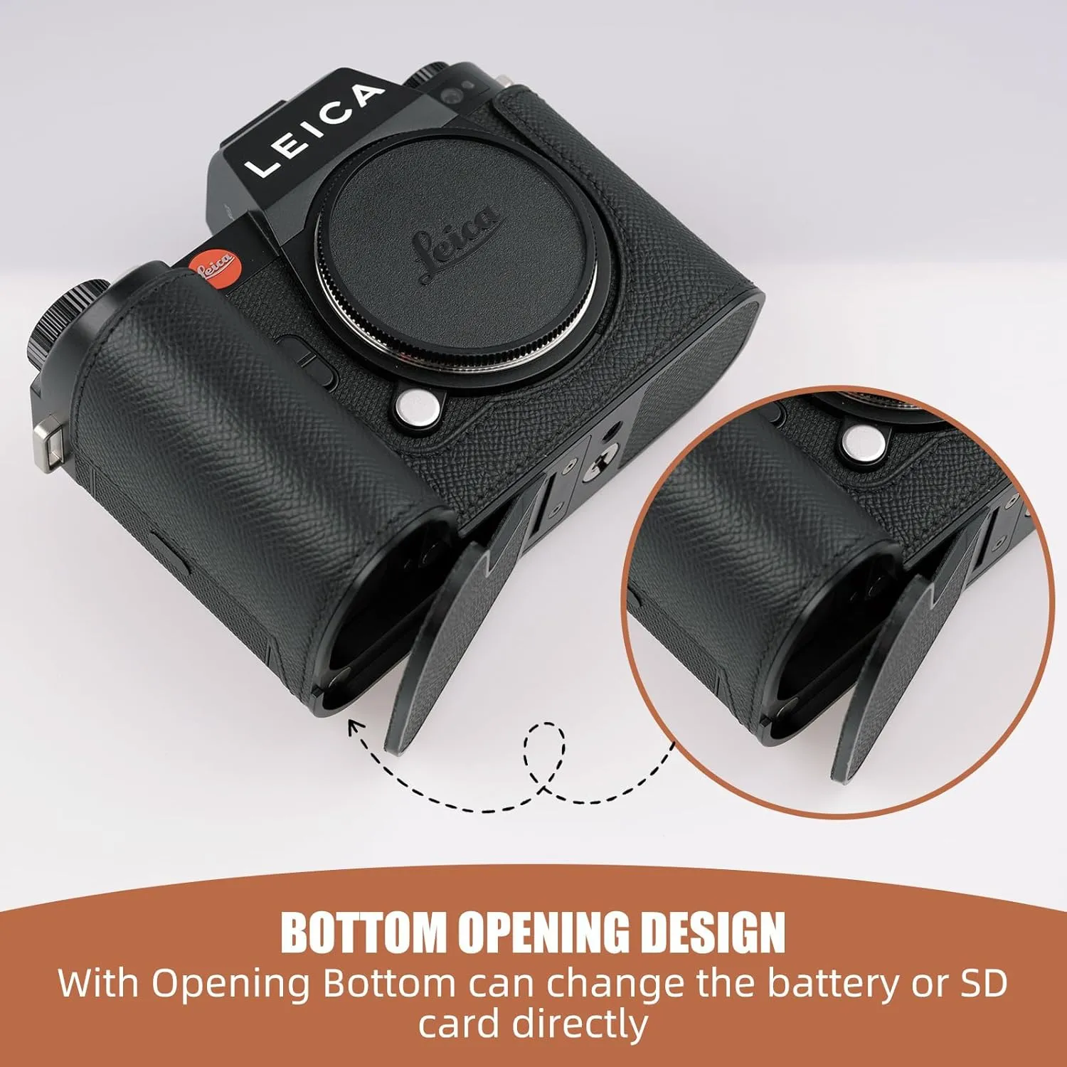 Handmade Genuine Leather Camera Half Case for Leica SL3/Leica SL3s Case - Top Layer Cowhide Body   Metal Base Plate - Hand Shank Design (Black$Black Line)
