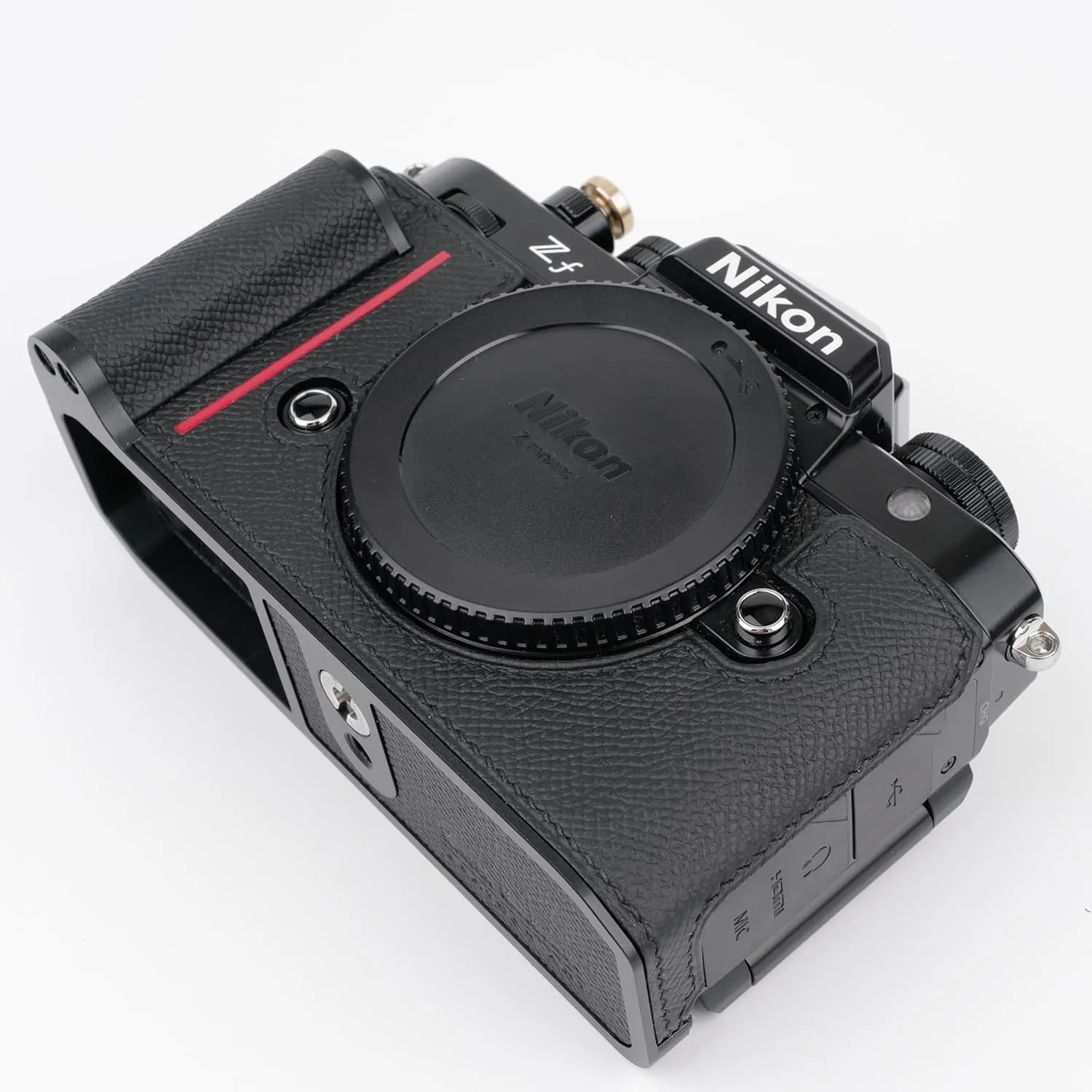 Handmade Genuine Leather Camera Half Case for Nikon ZF/Nikon ZF Camera Case - Top Layer Cowhide Body   Hand sewn saddle stitch   Metal Base Plate (Black and Red Line)