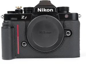 Handmade Genuine Leather Camera Half Case for Nikon ZF/Nikon ZF Camera Case - Top Layer Cowhide Body   Hand sewn saddle stitch   Metal Base Plate (Black and Red Line)
