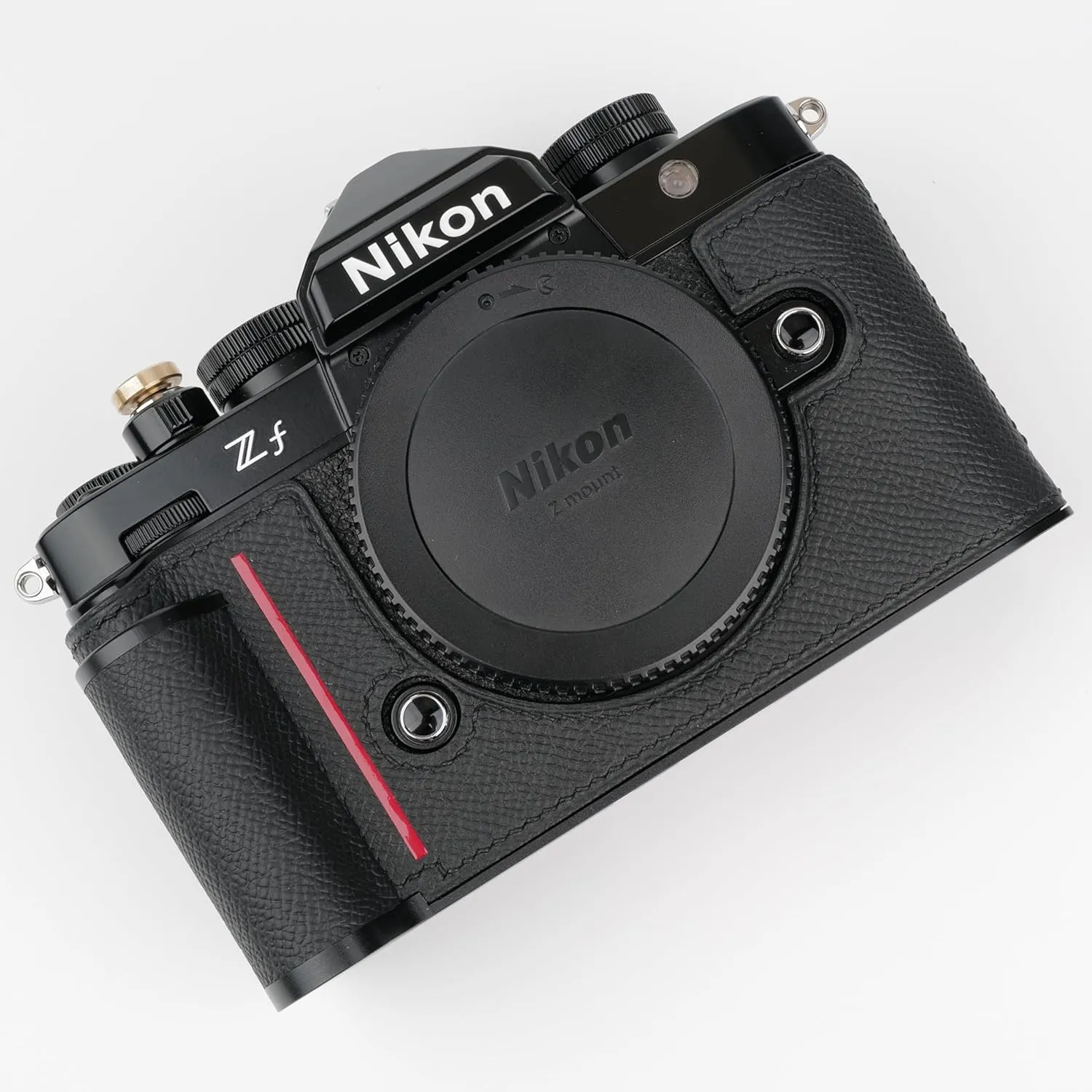 Handmade Genuine Leather Camera Half Case for Nikon ZF/Nikon ZF Camera Case - Top Layer Cowhide Body   Hand sewn saddle stitch   Metal Base Plate (Black and Red Line)