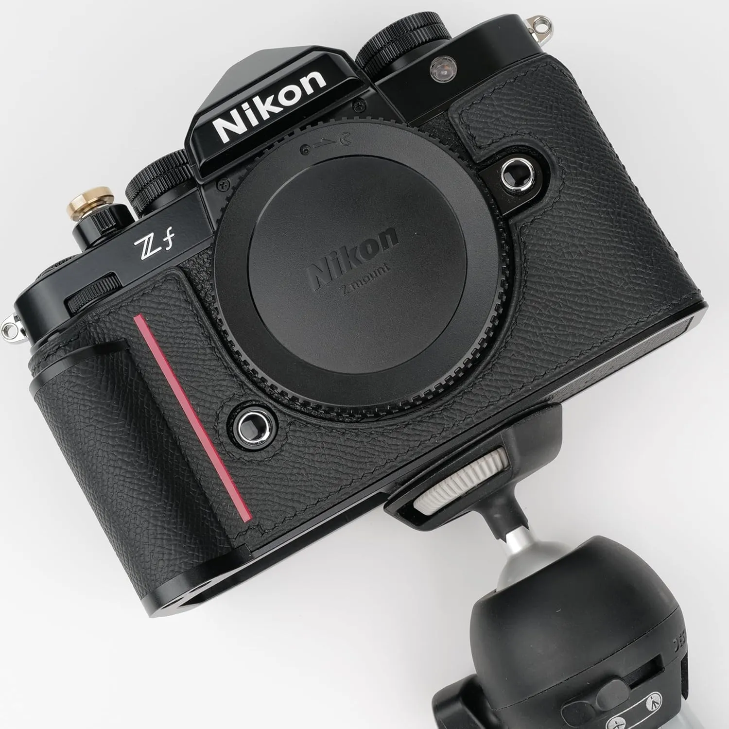 Handmade Genuine Leather Camera Half Case for Nikon ZF/Nikon ZF Camera Case - Top Layer Cowhide Body   Hand sewn saddle stitch   Metal Base Plate (Black and Red Line)