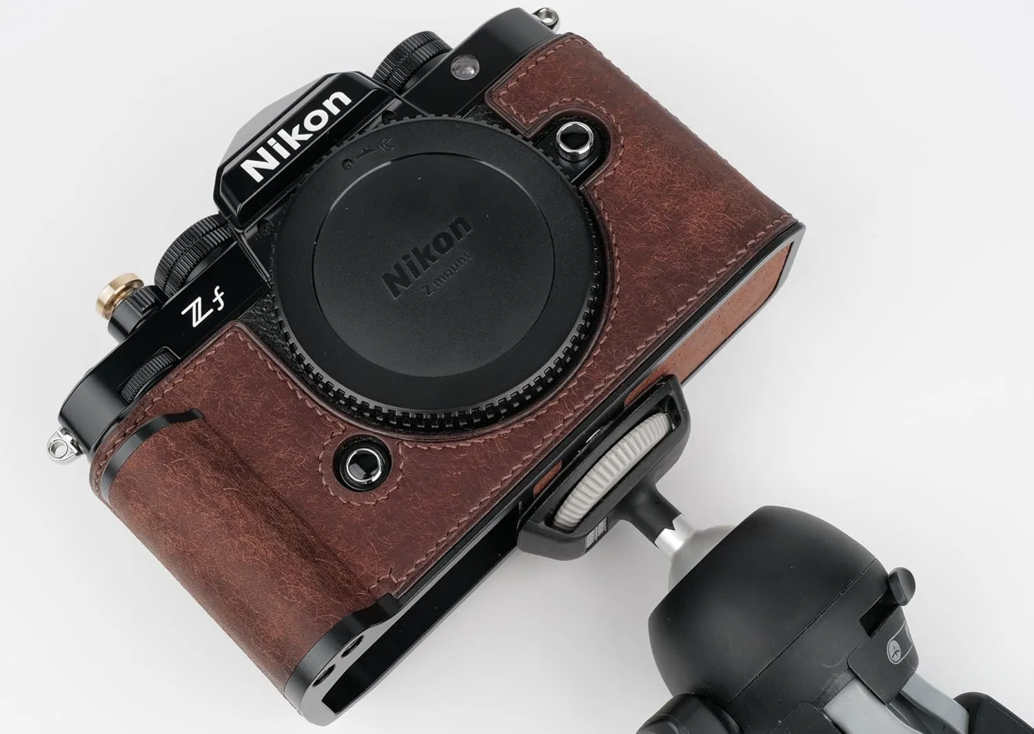 Handmade Genuine Leather Camera Half Case for Nikon ZF/Nikon ZF Camera Case - Top Layer Cowhide Body   Hand Sewn Saddle Stitch   Metal Base Plate (Dark Brown)