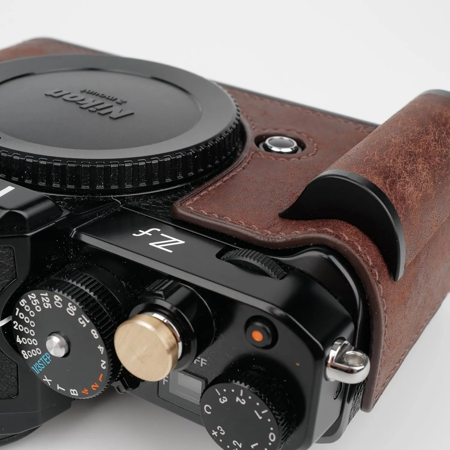 Handmade Genuine Leather Camera Half Case for Nikon ZF/Nikon ZF Camera Case - Top Layer Cowhide Body   Hand Sewn Saddle Stitch   Metal Base Plate (Dark Brown)