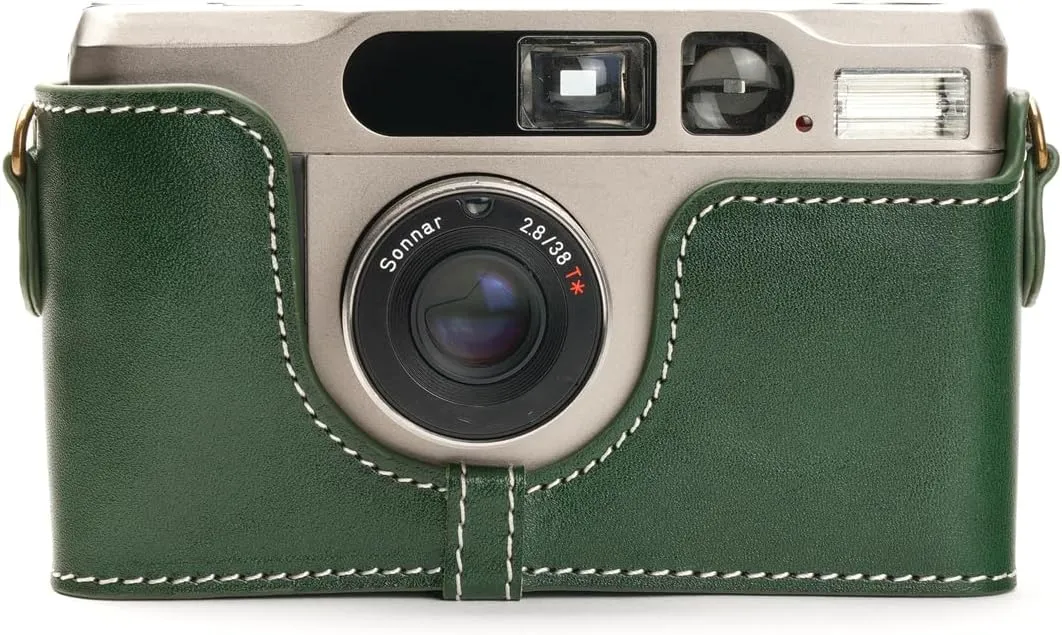 Handmade Genuine Real Leather Half Camera Case Bag Cover for Contax T2 Green Color