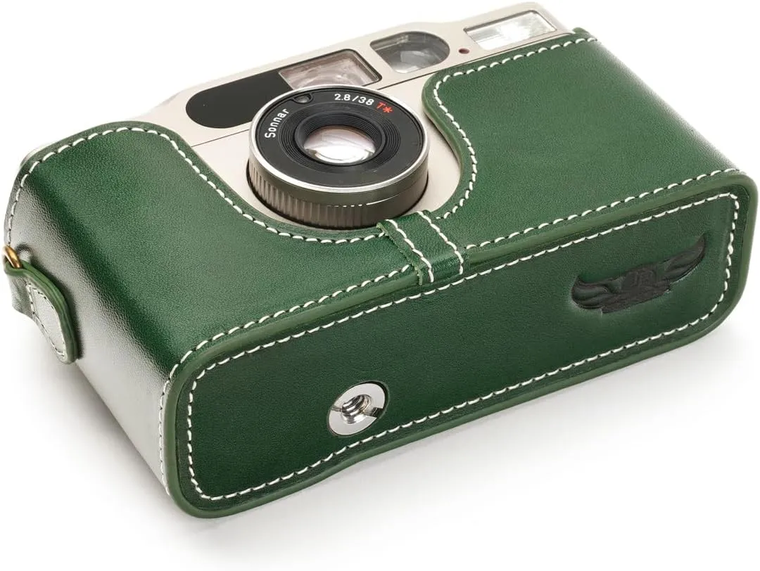 Handmade Genuine Real Leather Half Camera Case Bag Cover for Contax T2 Green Color