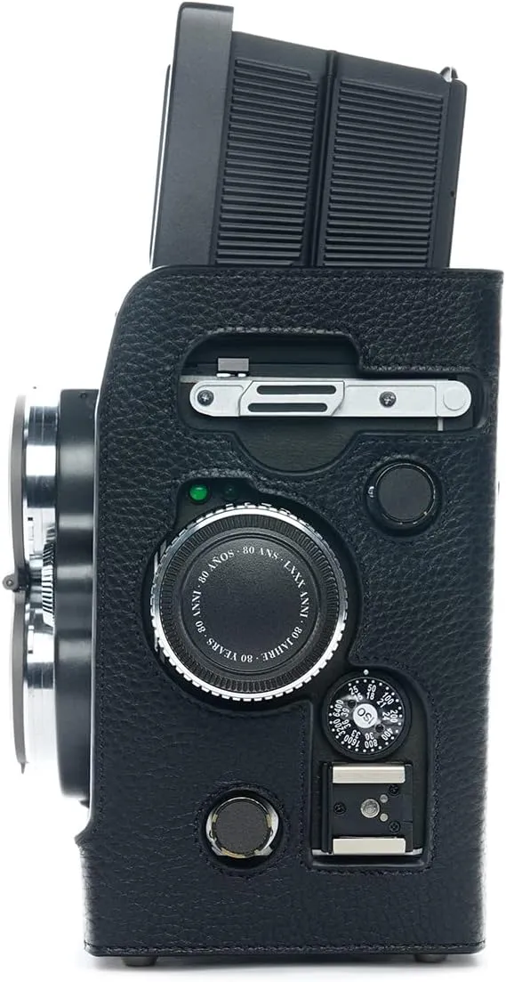 Handmade Genuine Real Leather Half Camera Case Bag Cover for Rolleiflex 2.8GX with Scissor Clip Black Leather Black Stitching